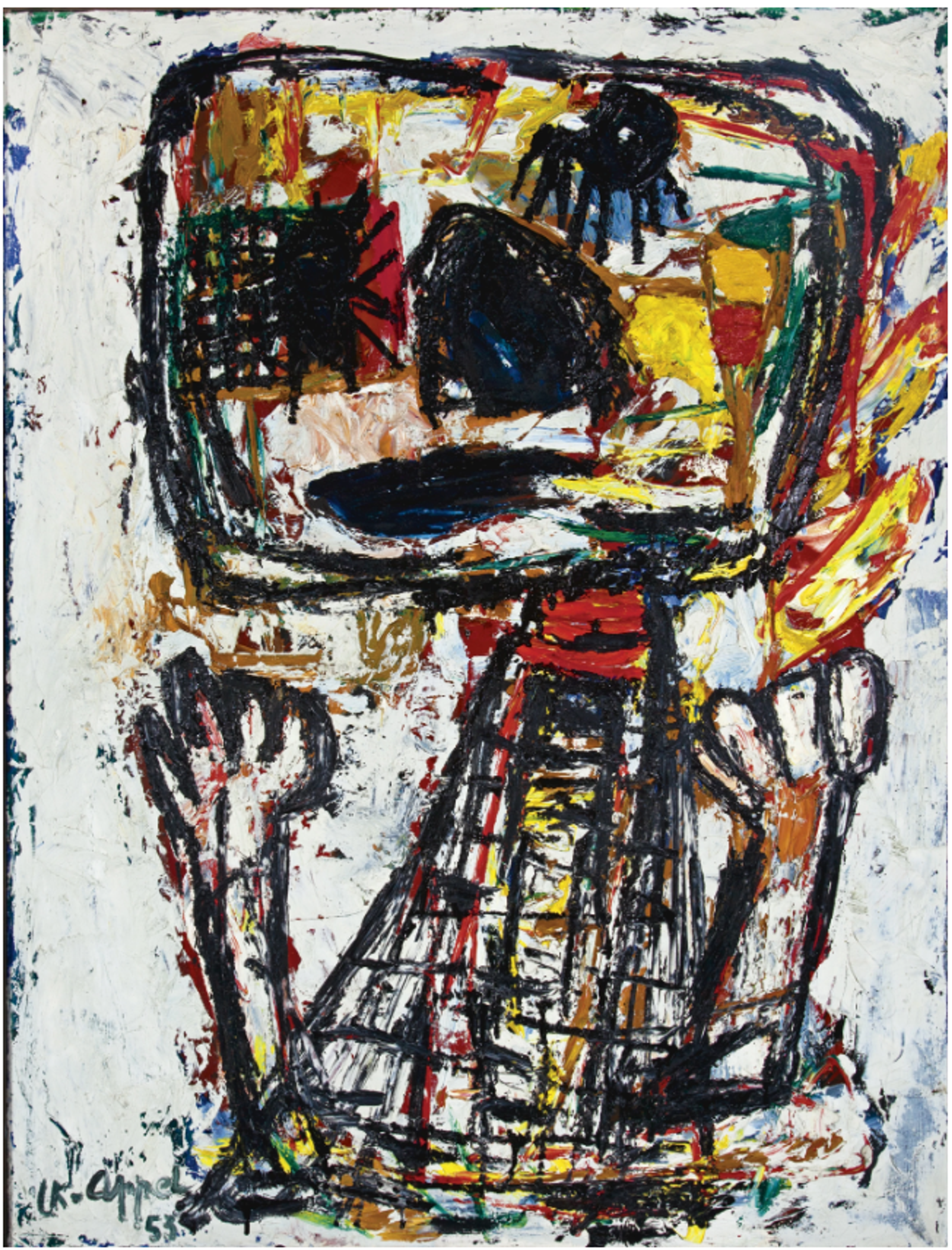 Expressionist portrait with distorted square head and triangular body in yellows, blues, and blacks. The figure’s eyes are hatched with black lines. Vertical lines suggest she is crying. Her arms are disproportionately short, so, even though they are raised, they don’t reach her face.