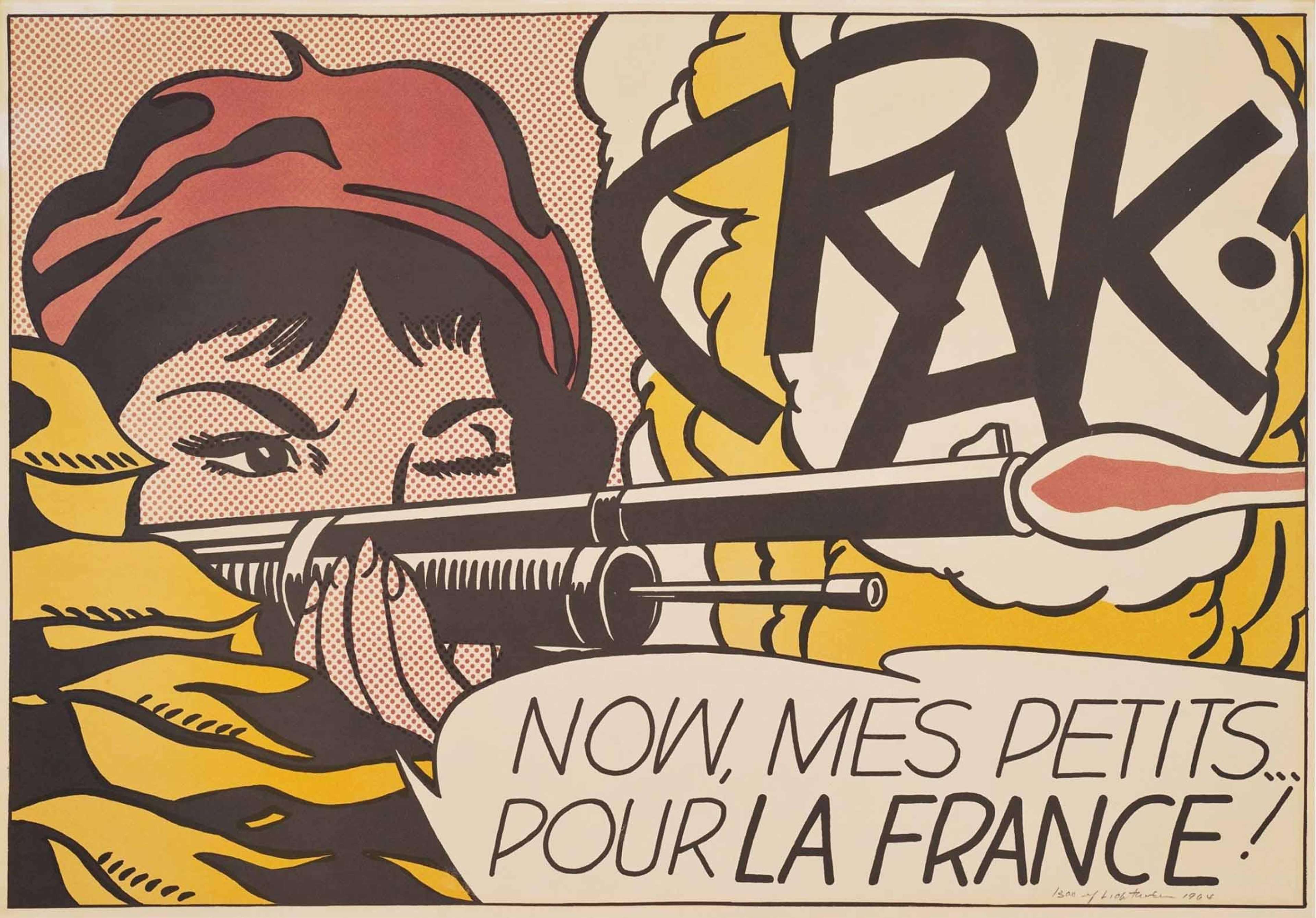 Une lithographie de Roy Lichtenstein, intitulée « Crak », représentant une femme coiffée d'un béret tirant avec un fusil, tandis que l'onomatopée « CRAK ! » explose au-dessus et qu'une bulle de dialogue déclare « … MAINTENANT, MES PETITS … POUR LA FRANCE », avec des sacs de sable en bas à gauche. L'œuvre présente une composition serrée, façon panneau de bande dessinée, des contours noirs audacieux et des points Ben-Day dans une palette de couleurs primaires : rouge, jaune, bleu, noir et blanc. Exécutée en lithographie Pop Art, signée, tirée d'une édition de 300 exemplaires, elle arbore la bulle de dialogue et la typographie d'effets sonores emblématiques de Lichtenstein.