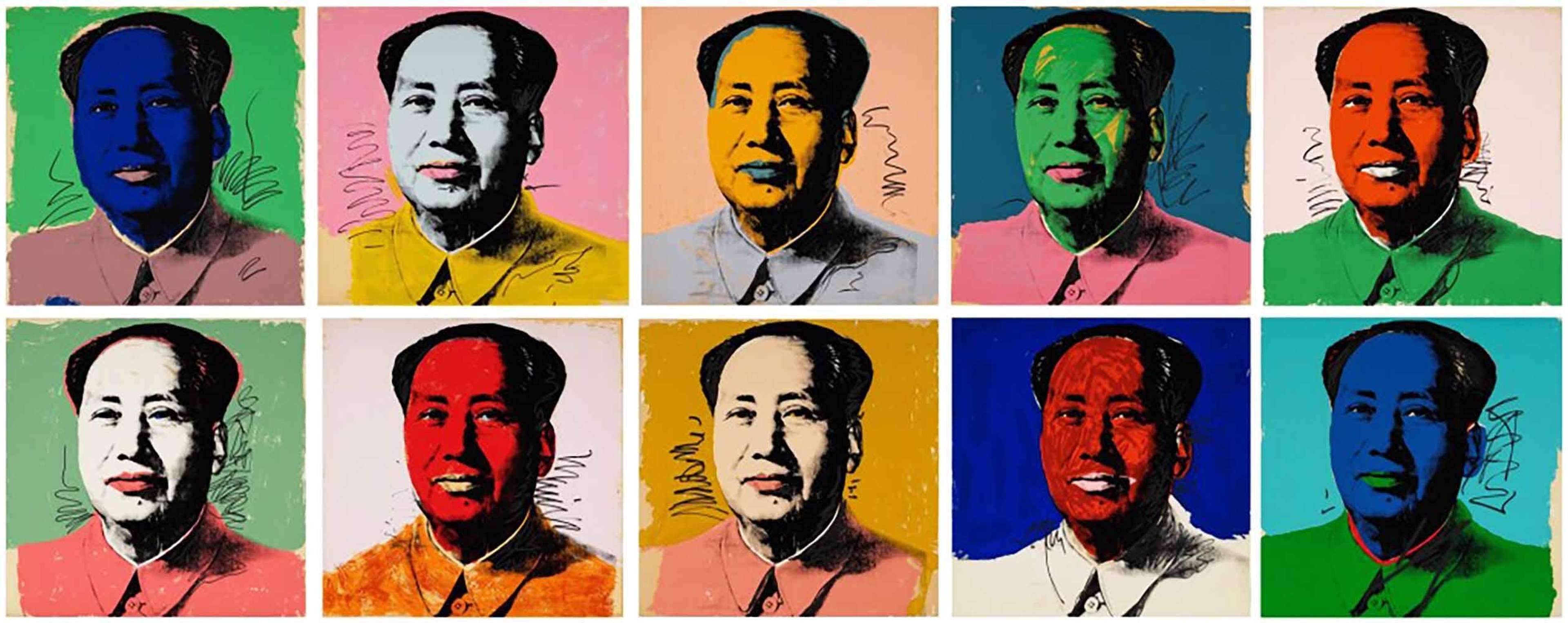 Complete portfolio of ten Andy Warhol screenprints depicting Mao Zedong in vivid Pop Art colour variations.
