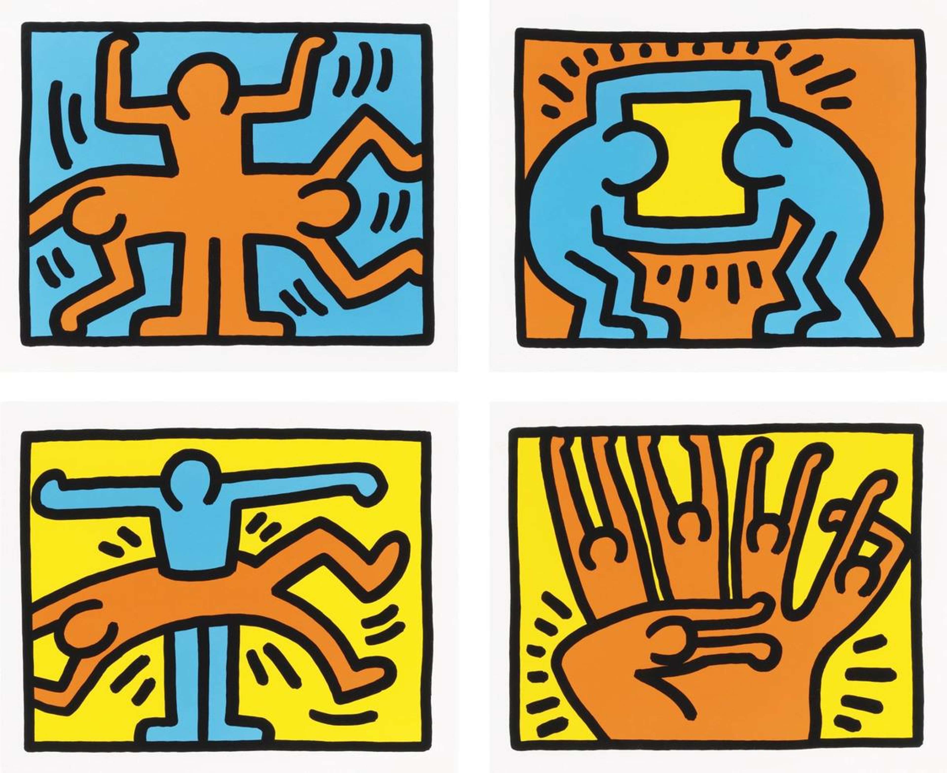 Un ensemble de quatre sérigraphies de Keith Haring représentant des personnages caricaturaux dans divers états de mouvement, dans une palette de bleu, orange et jaune.