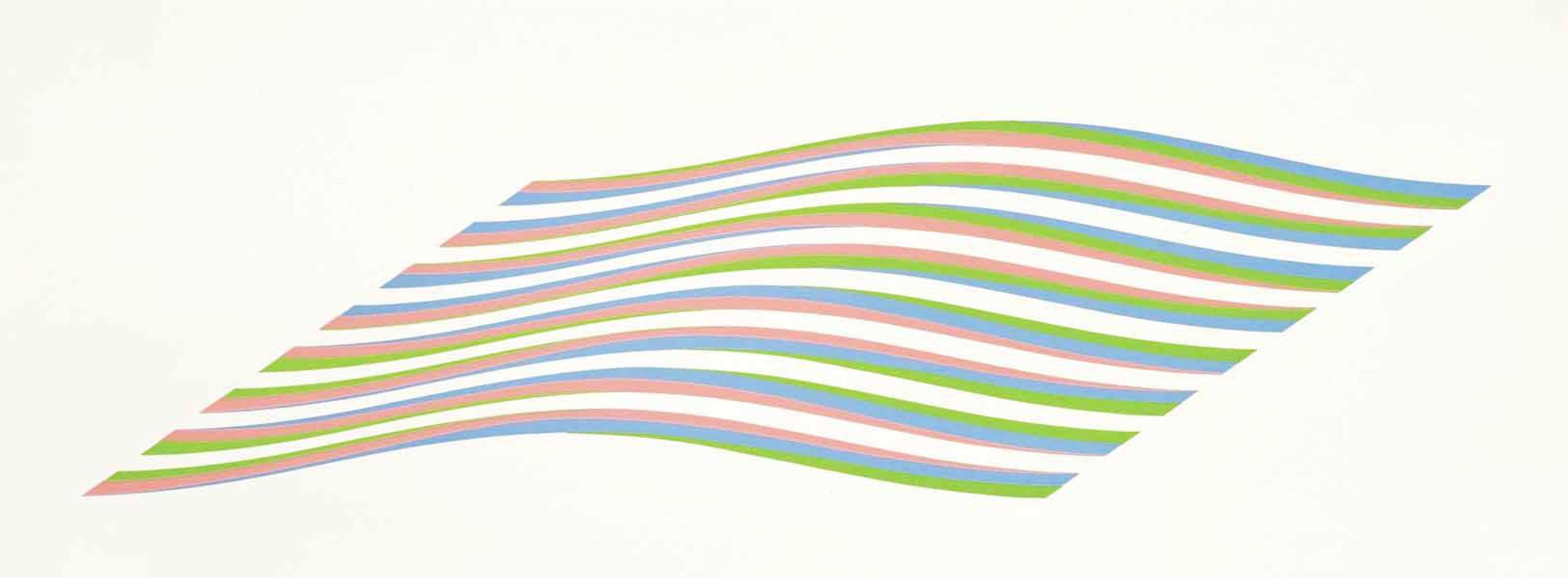 Estampe « Untitled Wave » de Bridget Riley. Une sérigraphie illusion d'optique composée de rayures roses, vertes et bleues sur fond blanc.