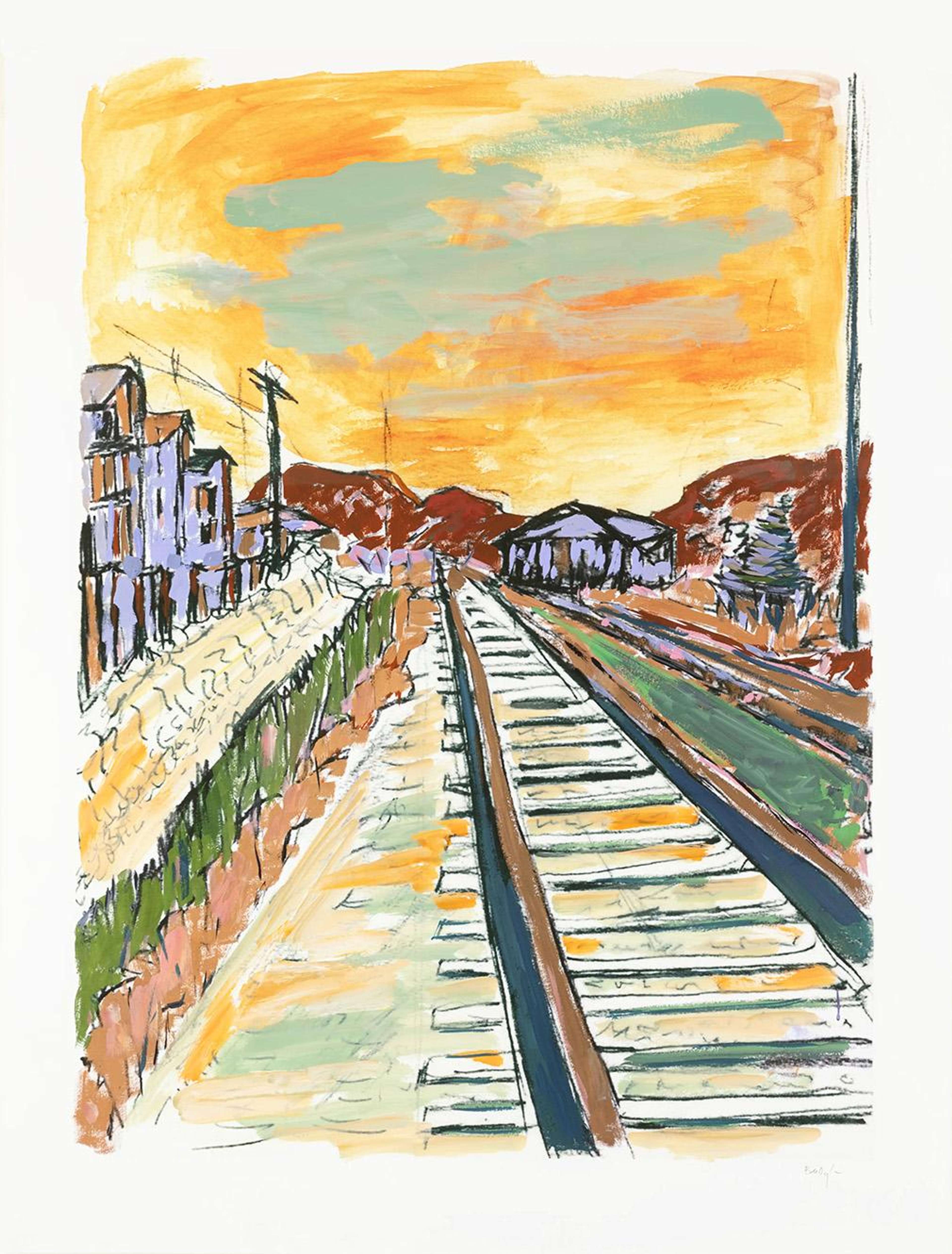 Train tracks in Dylan's distintive colourful aesthetic