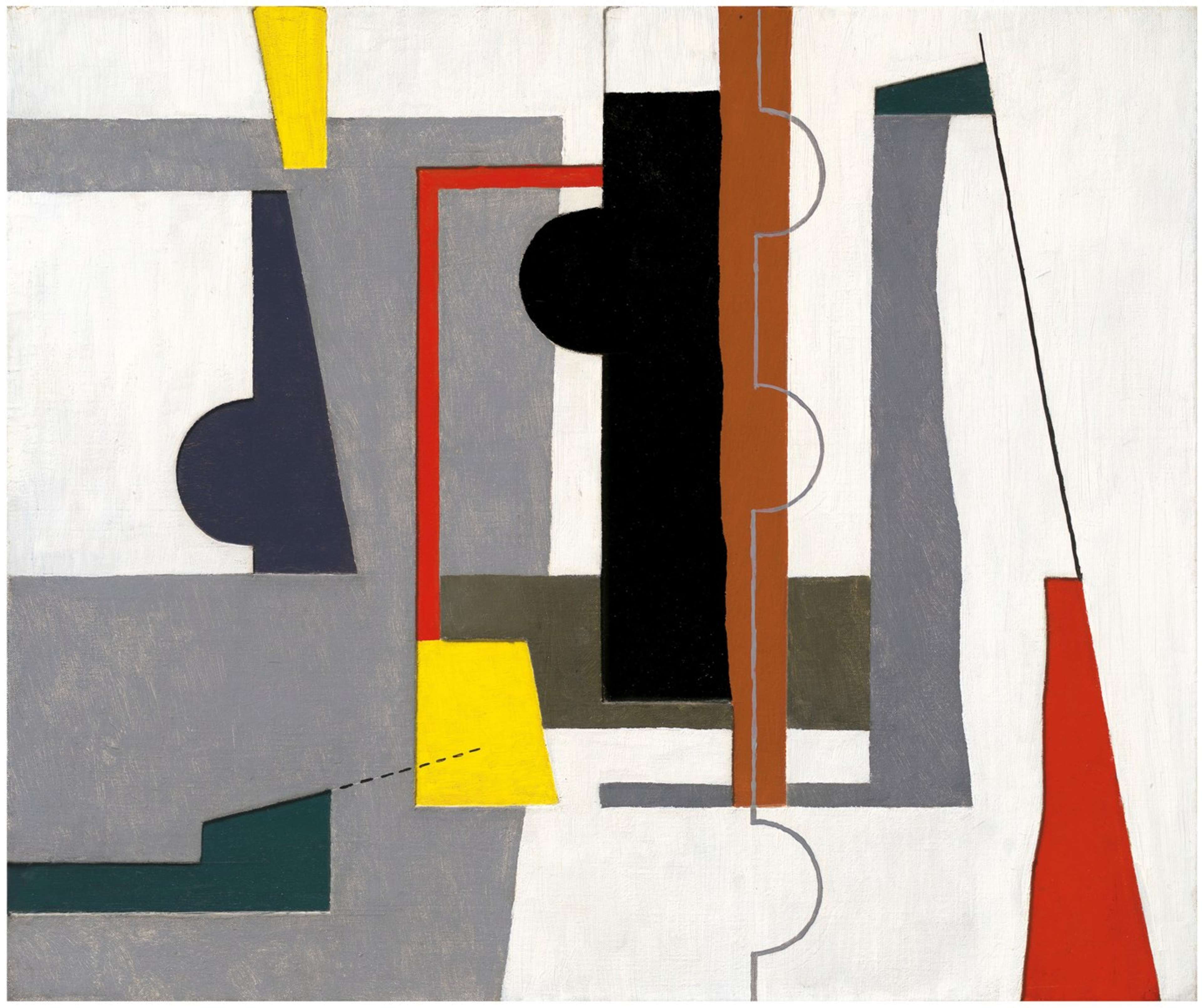 Abstracted predominantly white canvas with grey, purple, blue, and brown geometric forms. A focal point of black is centered, with pops of red dispersed in abstracted geometric shapes.