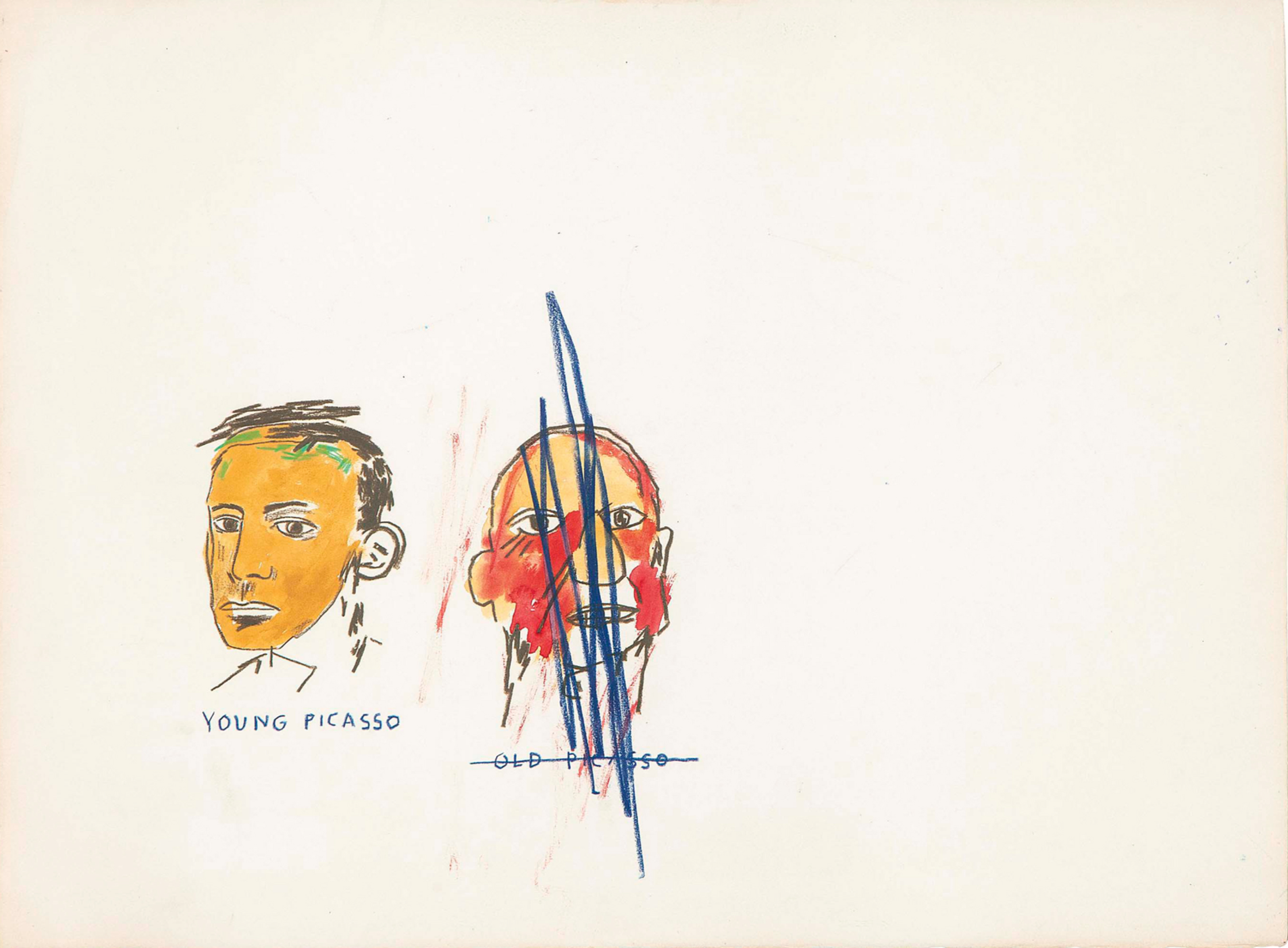 Une image de deux portraits côte à côte de Pablo Picasso par Jean-Michel Basquiat, l'un jeune, l'autre âgé. La représentation du « Jeune Picasso » est minutieusement détaillée dans une teinte ocre, capturant un sentiment de vigueur et d'observation juvéniles. À l'inverse, le « Vieux Picasso » est rendu en rouge, ses traits étant délibérément masqués par des gribouillis.