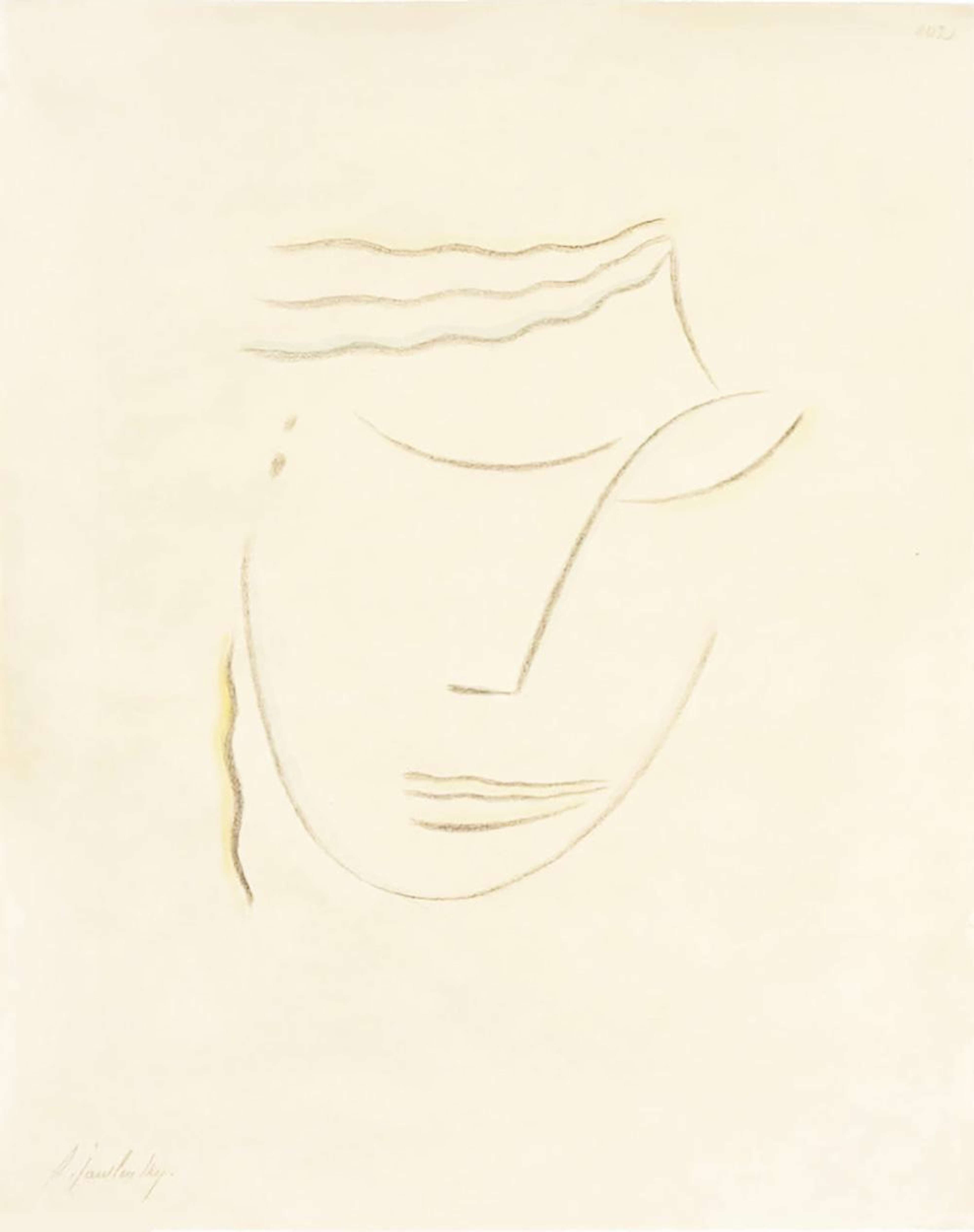 Une représentation abstraite d'une tête créée avec un minimum de lignes. La tête a les yeux fermés et est inclinée vers le bas à droite. Une seule ligne courbe et fluide sert pour le nez et le sourcil gauche, et une simple courbe définit le menton et les côtés du visage. Les cheveux sont constitués d'une série de vagues.