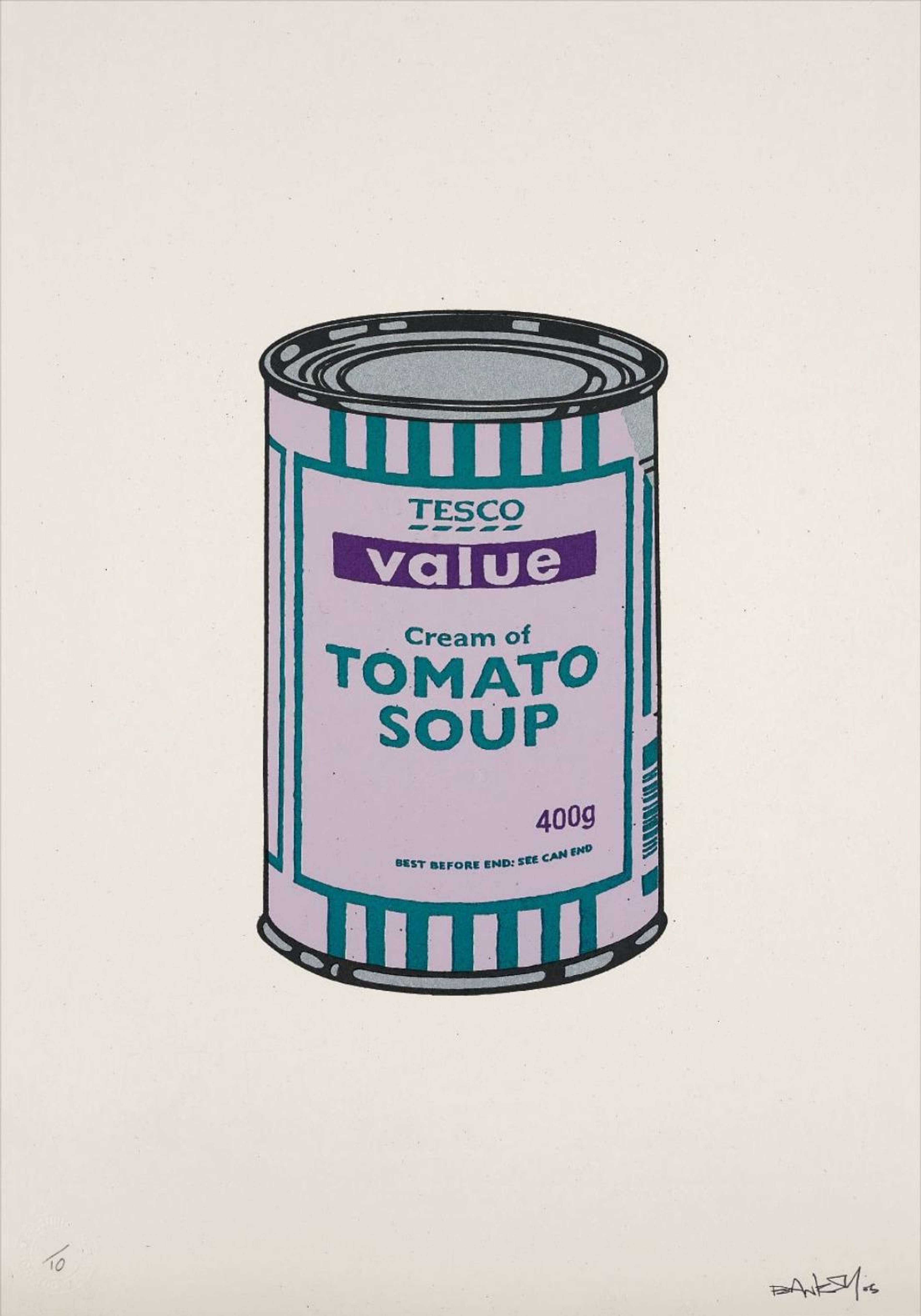 A crisp Pop screenprint of a soup can rendered in lilac, emerald and purple colourways.