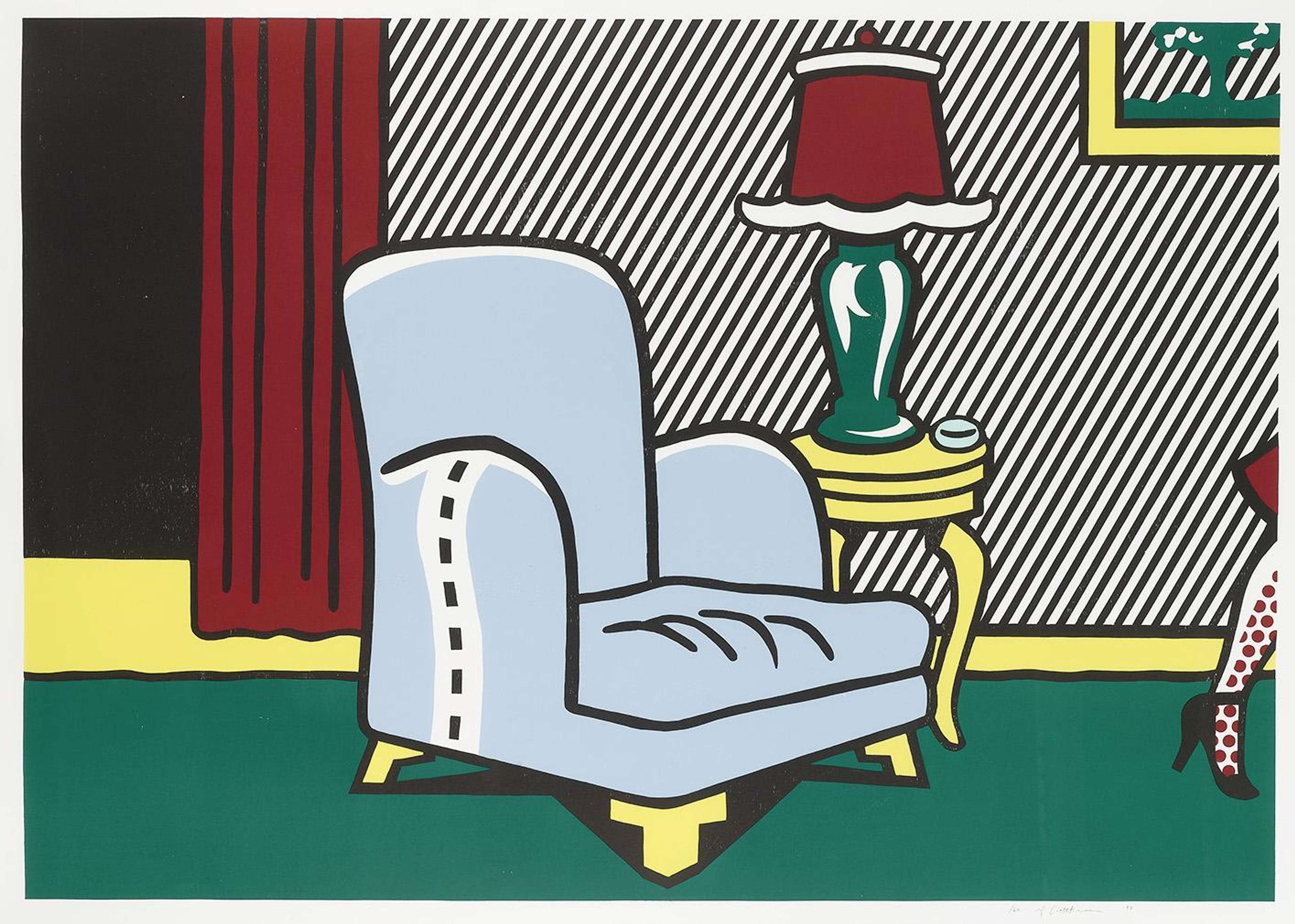 A comic-inspired armchair amid bold blocks of colour and sharp graphic lines.