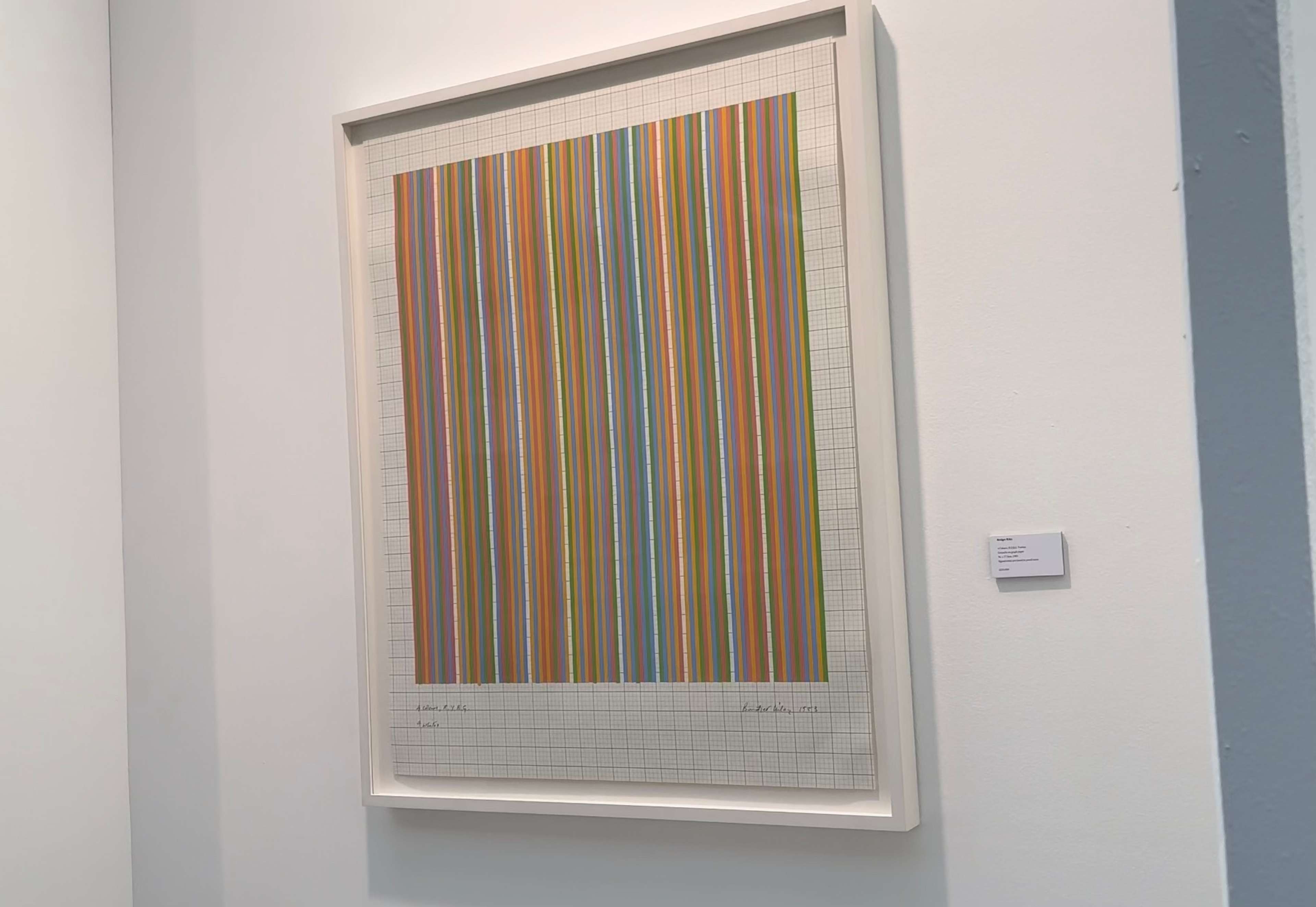 Photographie d'une œuvre de Bridget Riley représentant des lignes verticales colorées sur un fond quadrillé.