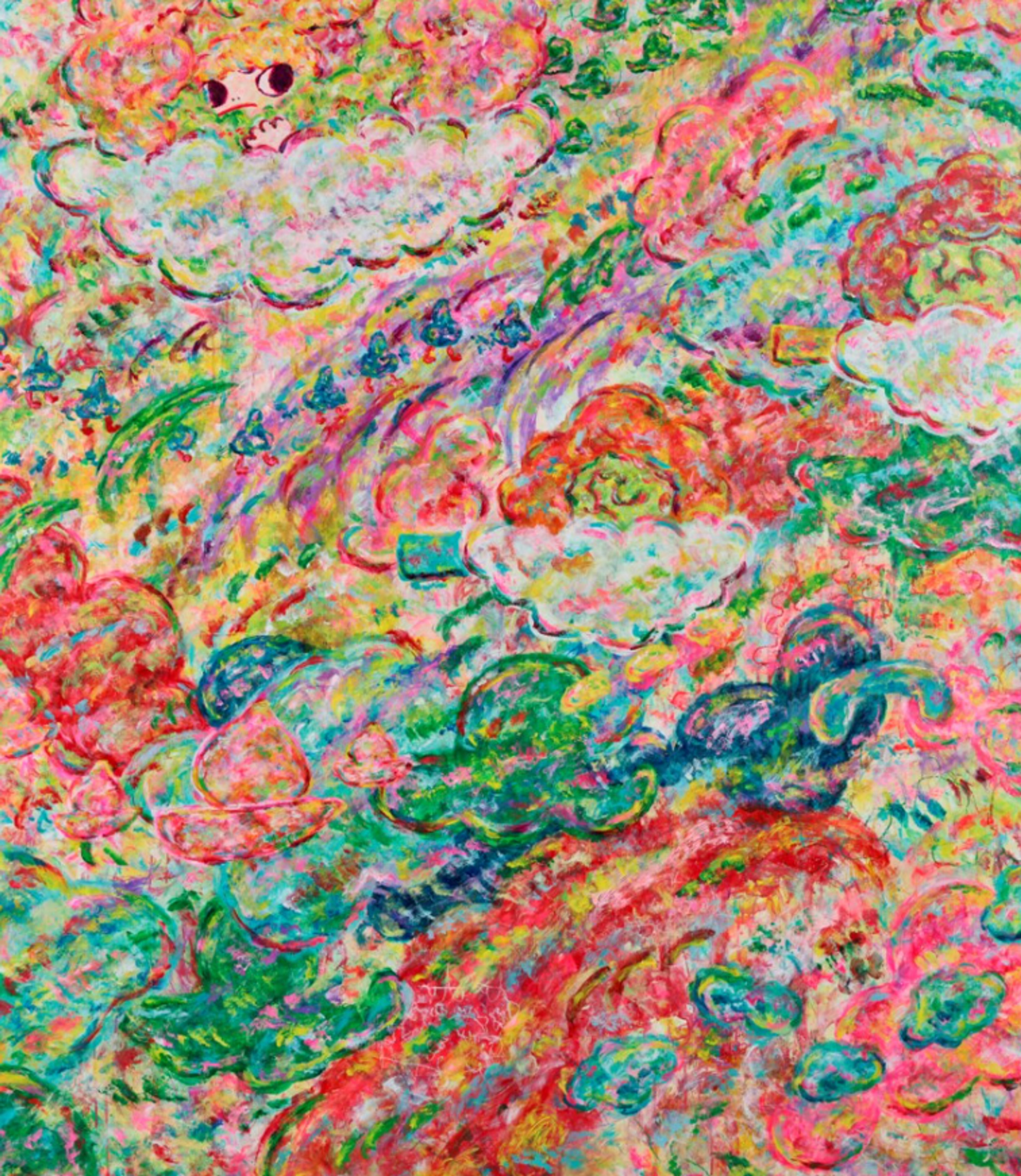 A densely textured abstract painting with rich green, pink, and coral colours blending together in an organic, flowing style. Small anime-style characters emerge out of the colour, including a child-like figure in the top left.