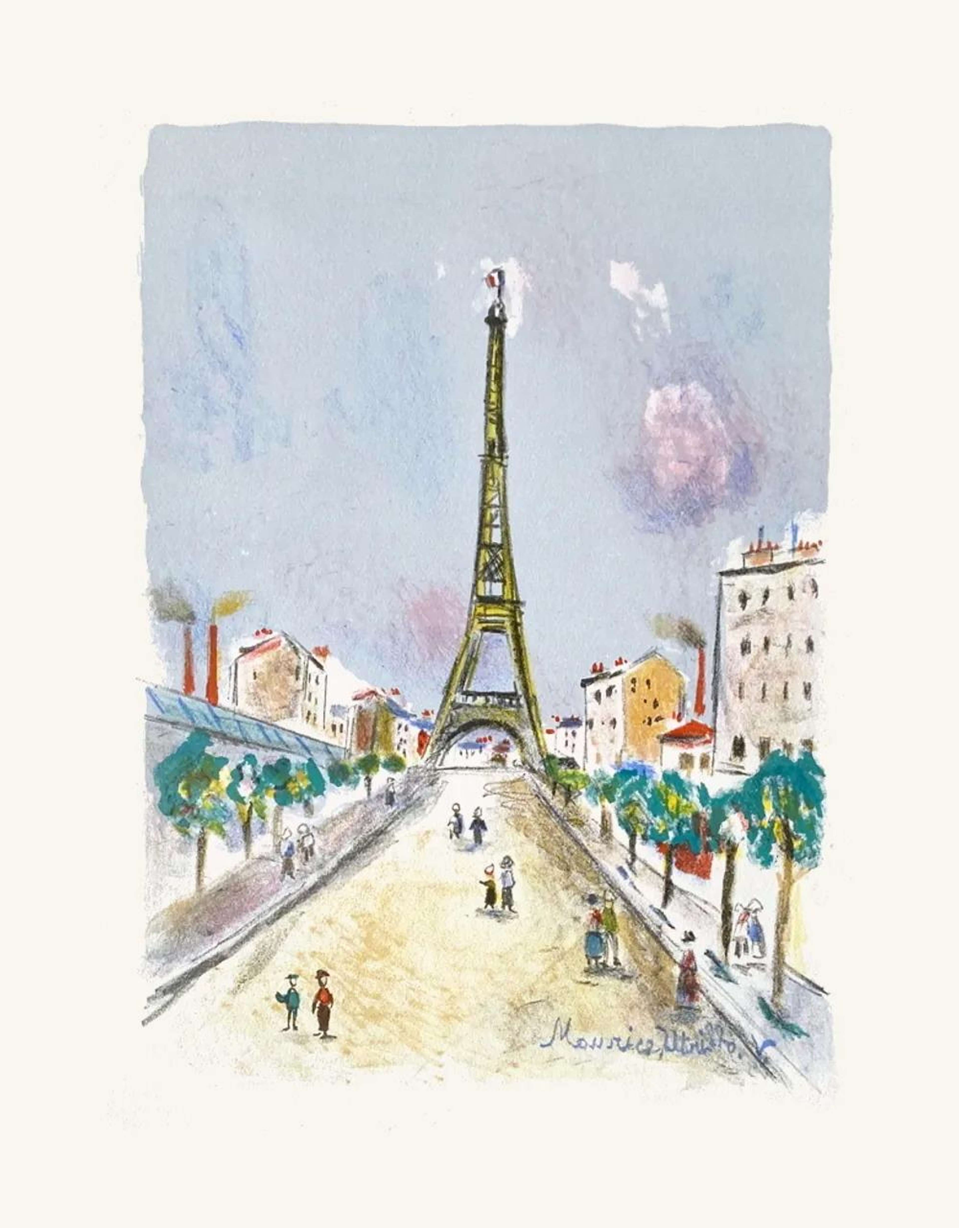 Une estampe présentant la Tour Eiffel dans le style post-impressionniste distinctif d'Utrillo. Faisant partie de son exploration des monuments parisiens, cette œuvre présente des tons feutrés de blanc, de gris et de couleurs terreuses, la tour s'élevant de manière proéminente sur un ciel nuageux. Les bâtiments et les rues environnants sont rendus avec un coup de pinceau délicat, créant une représentation sereine et atmosphérique de cette scène parisienne emblématique.