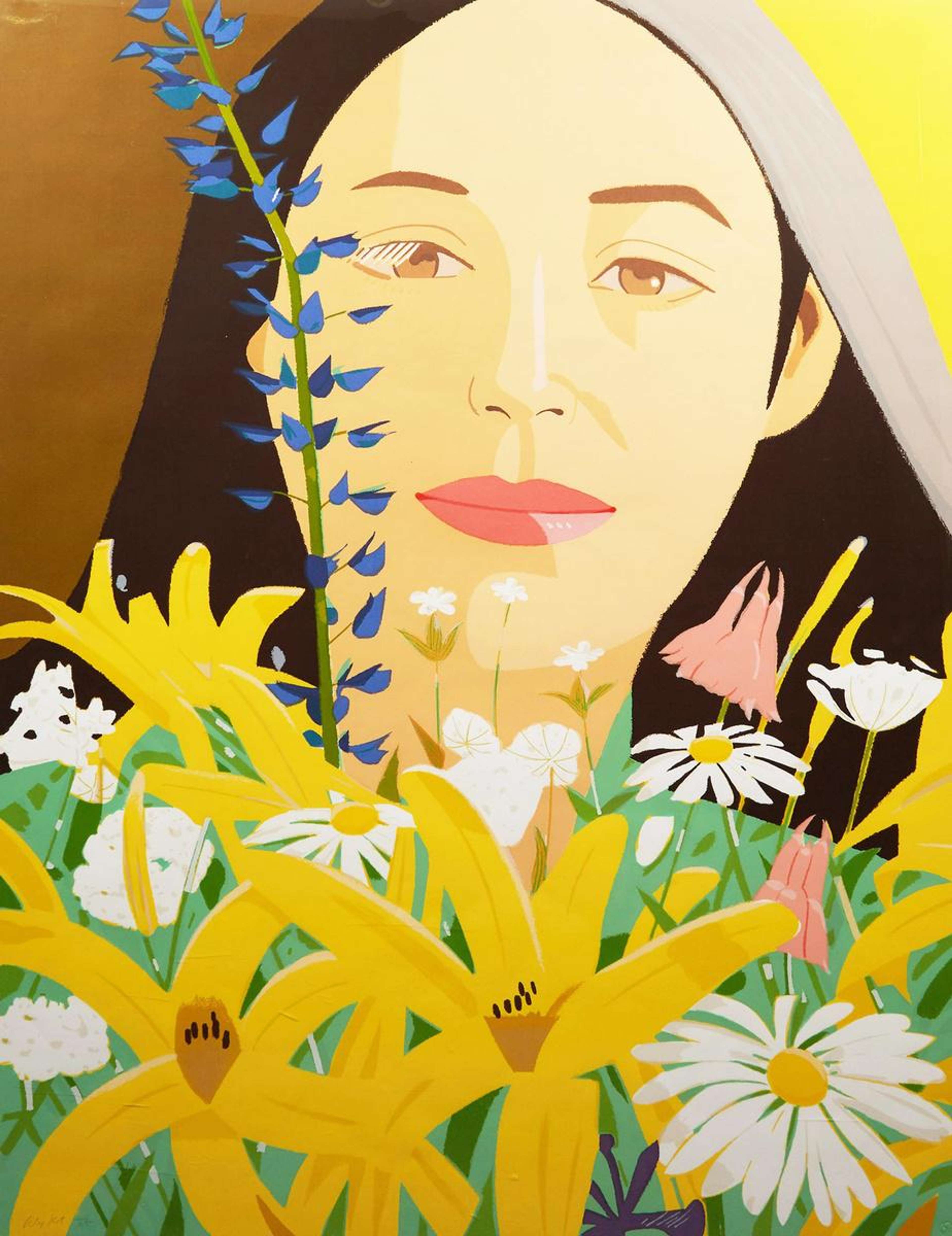 A screenprint by Alex Katz, titled “Ada with Flowers”, depicting a woman with dark hair and red lips beside pink flowers on a pale background.