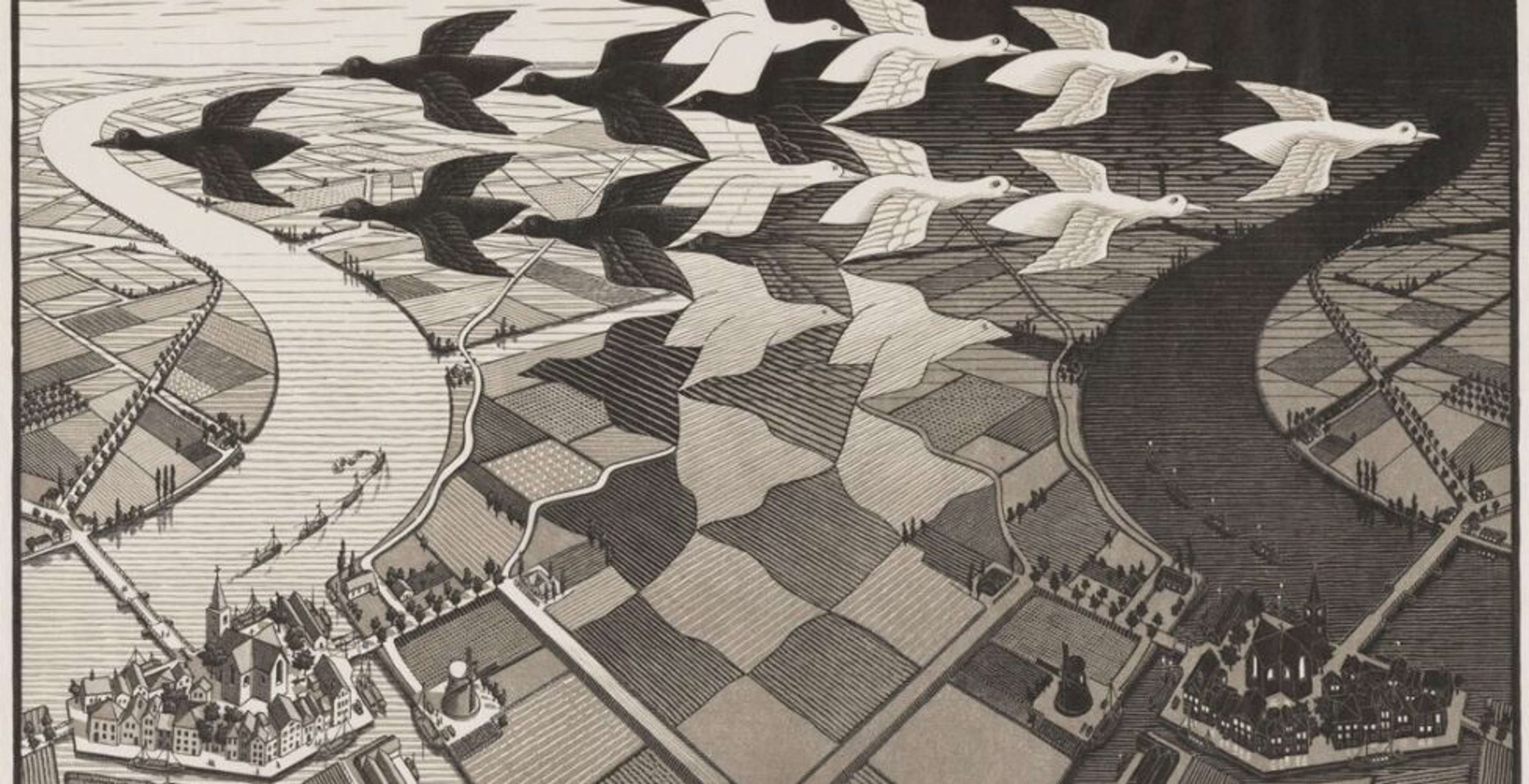 « Day & Night » de M.C. Escher. Une estampe en noir et gris, une xylographie d'art moderne, représentant des groupes d'oiseaux noirs et blancs s'envolant les uns des autres, surplombant une vue de la ville.