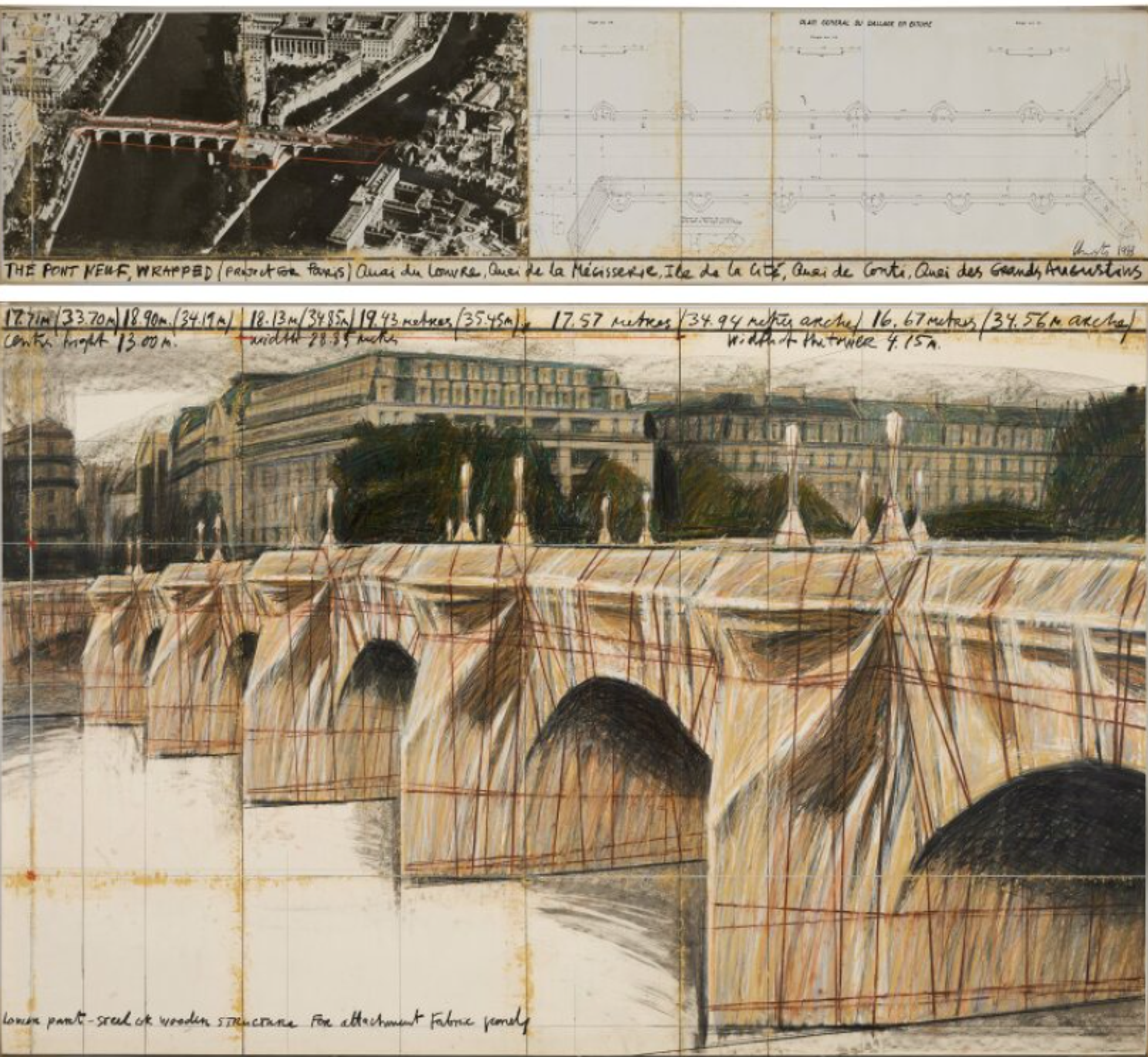 A multi-panel artwork showing another view of the Paris bridge wrapping project. The top panels include an aerial photograph of the Pont Neuf and technical elevation drawings. The bottom panel features a detailed artistic rendering of the bridge draped in cream fabric, with Parisian buildings visible in the background. The wrapped bridge's arches are clearly defined beneath the fabric, and measurements and notes in French appear along the top edge.