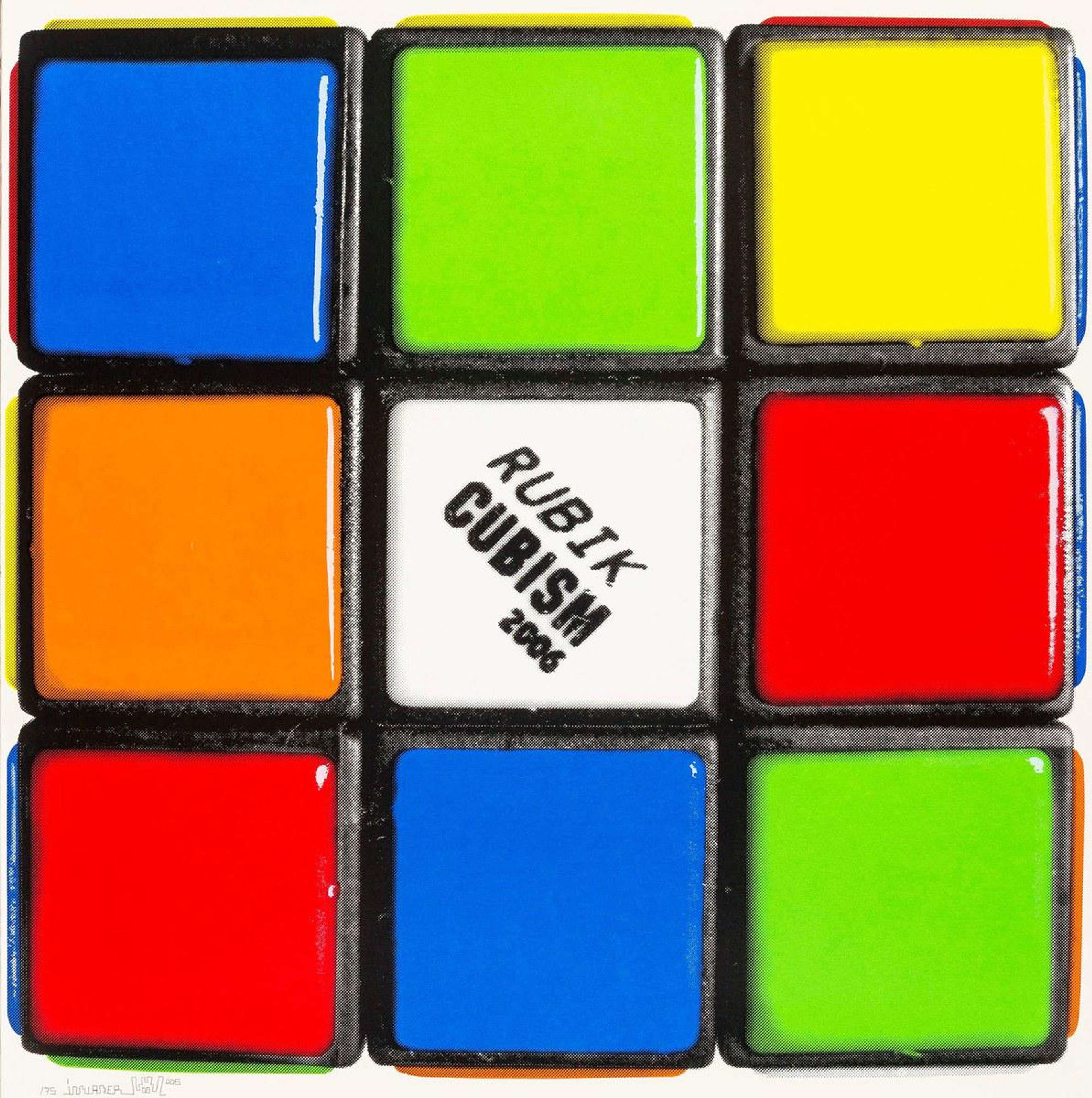 Ici, Invader représente une face d'un Rubik's Cube, disposée de manière mixte afin de montrer les six couleurs, le White Square au centre indiquant "Rubik Cubism 2006" en lettres capitales.