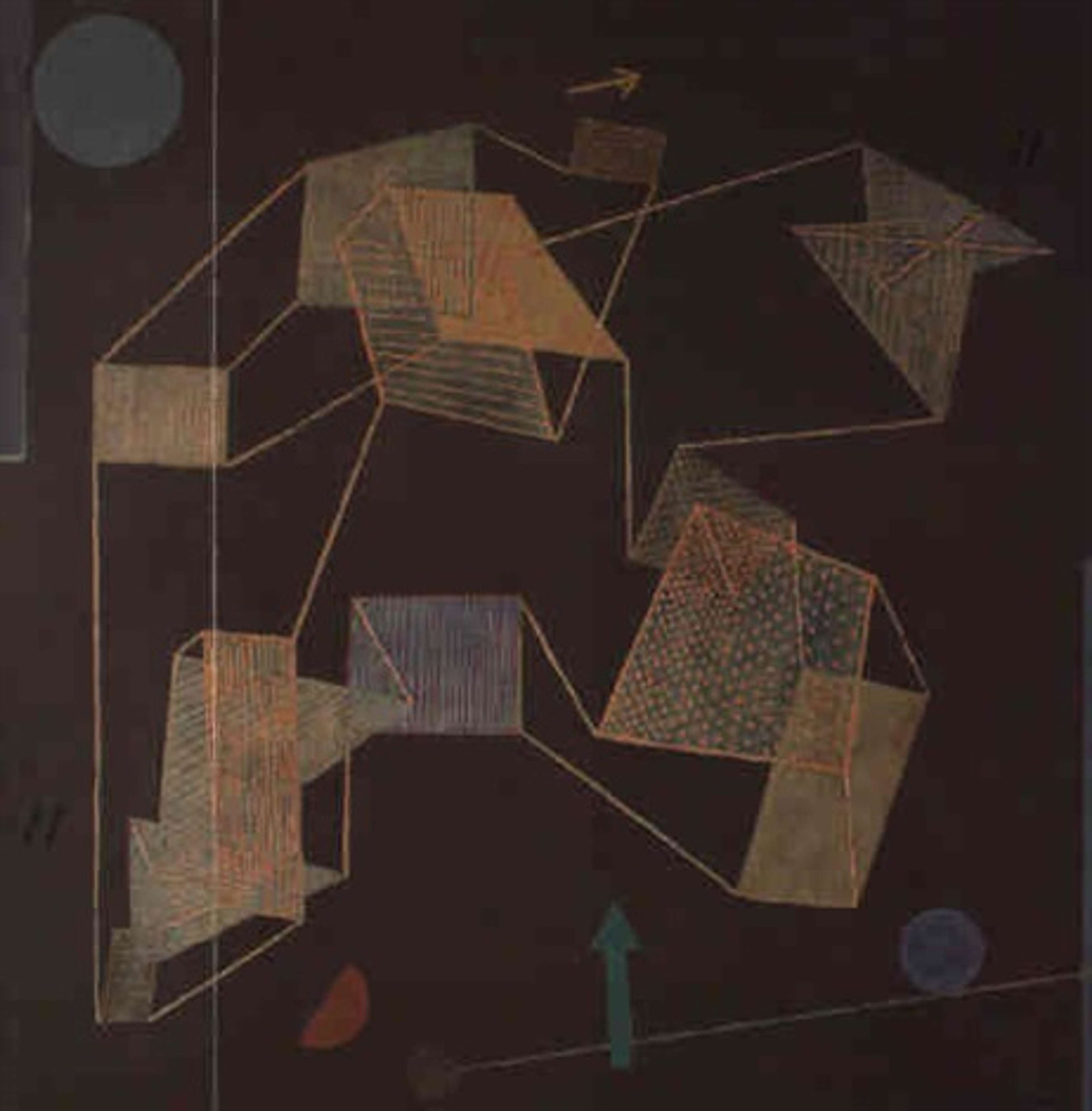 A large painting with floating geometric shapes and linear elements on a dark background, suggesting movement and transformation. The effect is diagramatic, as if tracking the planned flight of a rhombus or square.