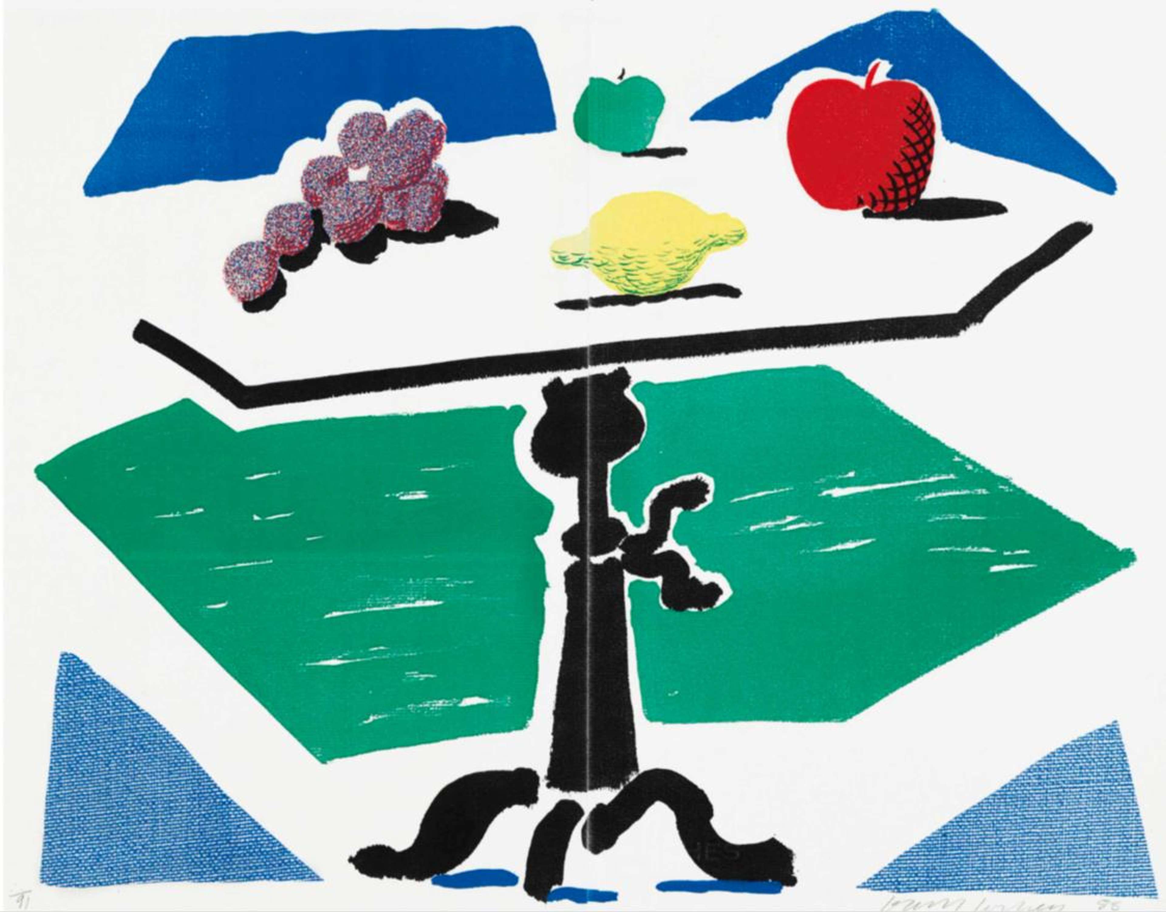 A photocopier print still life of mixed fruit on a tabletop, with clean contours and velvety toner blacks against bright overprinted colours, 1986.