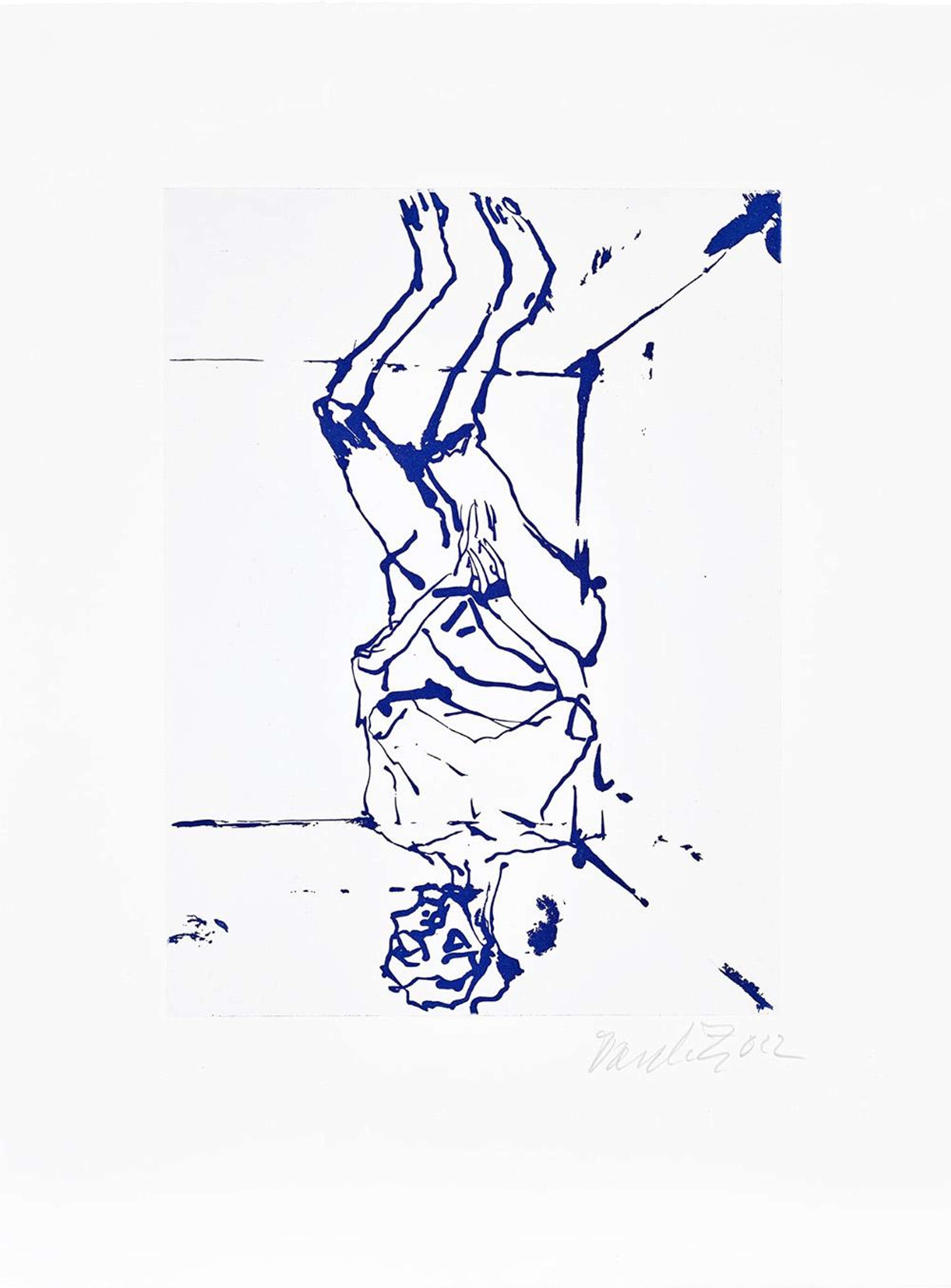 Une représentation inversée d'une femme nue assise dans le coin d'une pièce étroite ou d'une boîte. Le fond est blanc, tandis que son contour et les détails essentiels sont définis par des lignes d'un bleu encré.