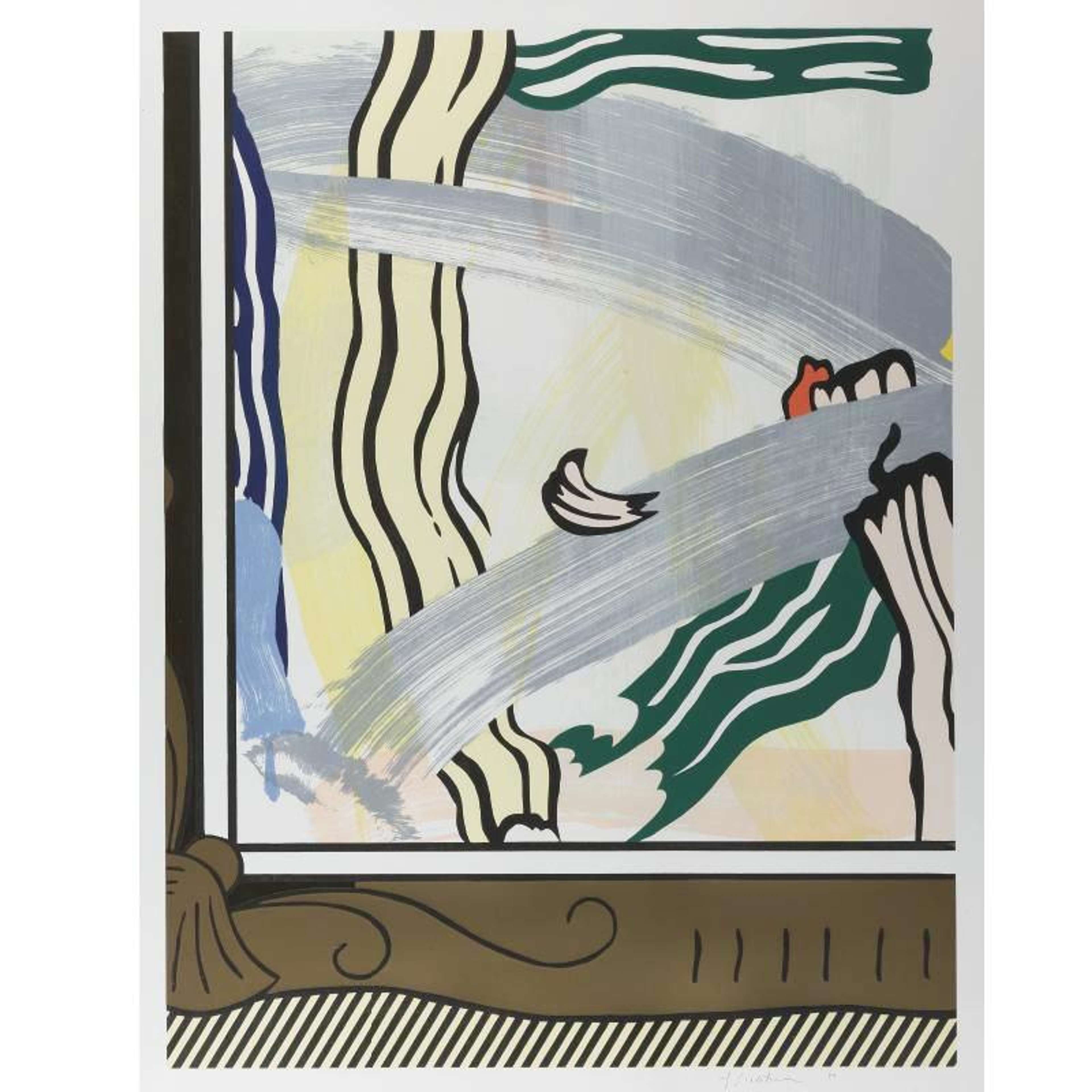 Pop Art print of a painting inside a carved brown frame; a broad diagonal grey brushstroke sweeps over wavy cream, navy and green forms, with a small red accent and hatched base border.