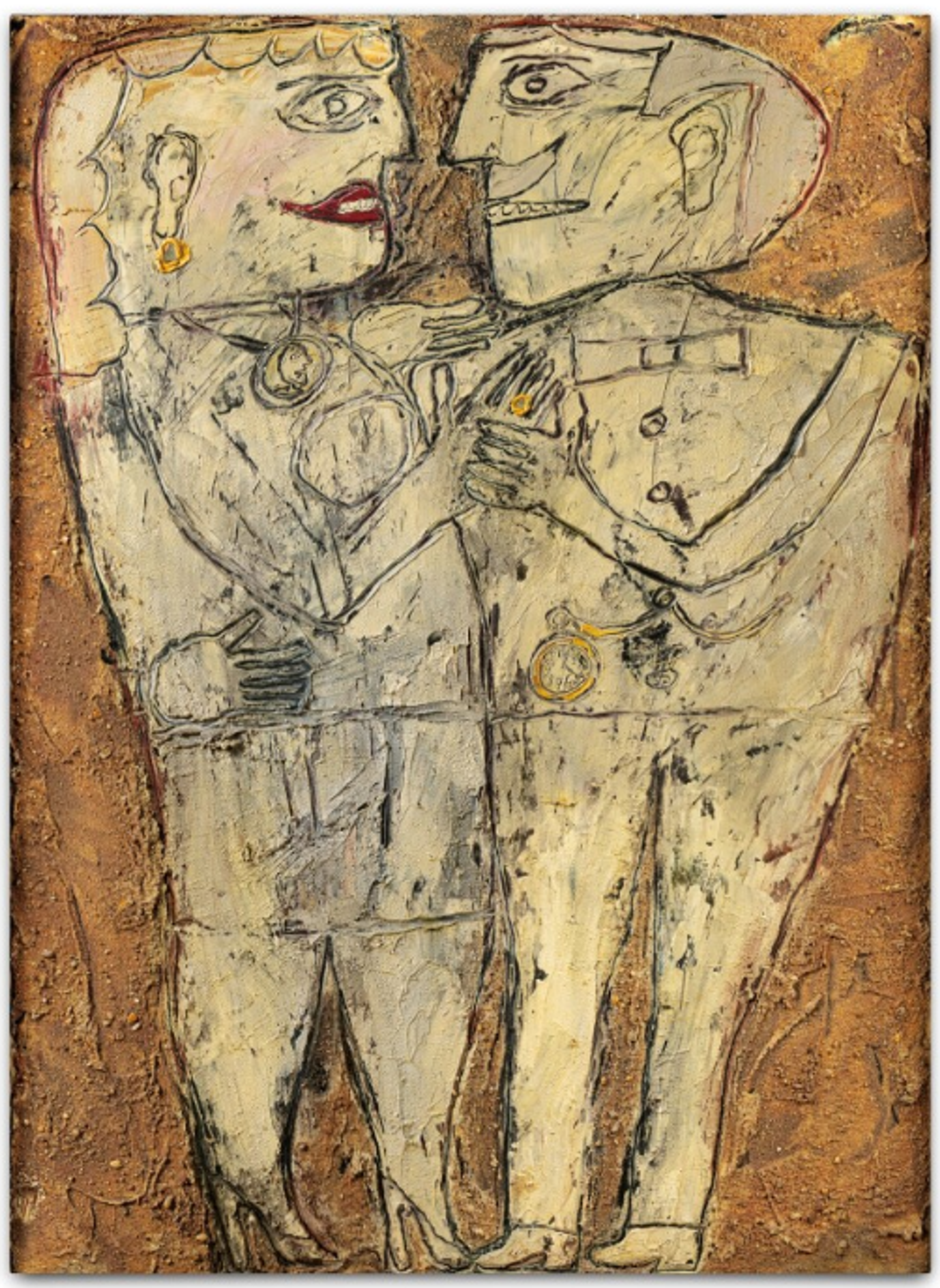 An ochre-toned artwork showing two simplified human figures dancing. The figures are rendered in a flat, primitive style with minimal details, appearing as outlined forms against the warm golden-brown background.