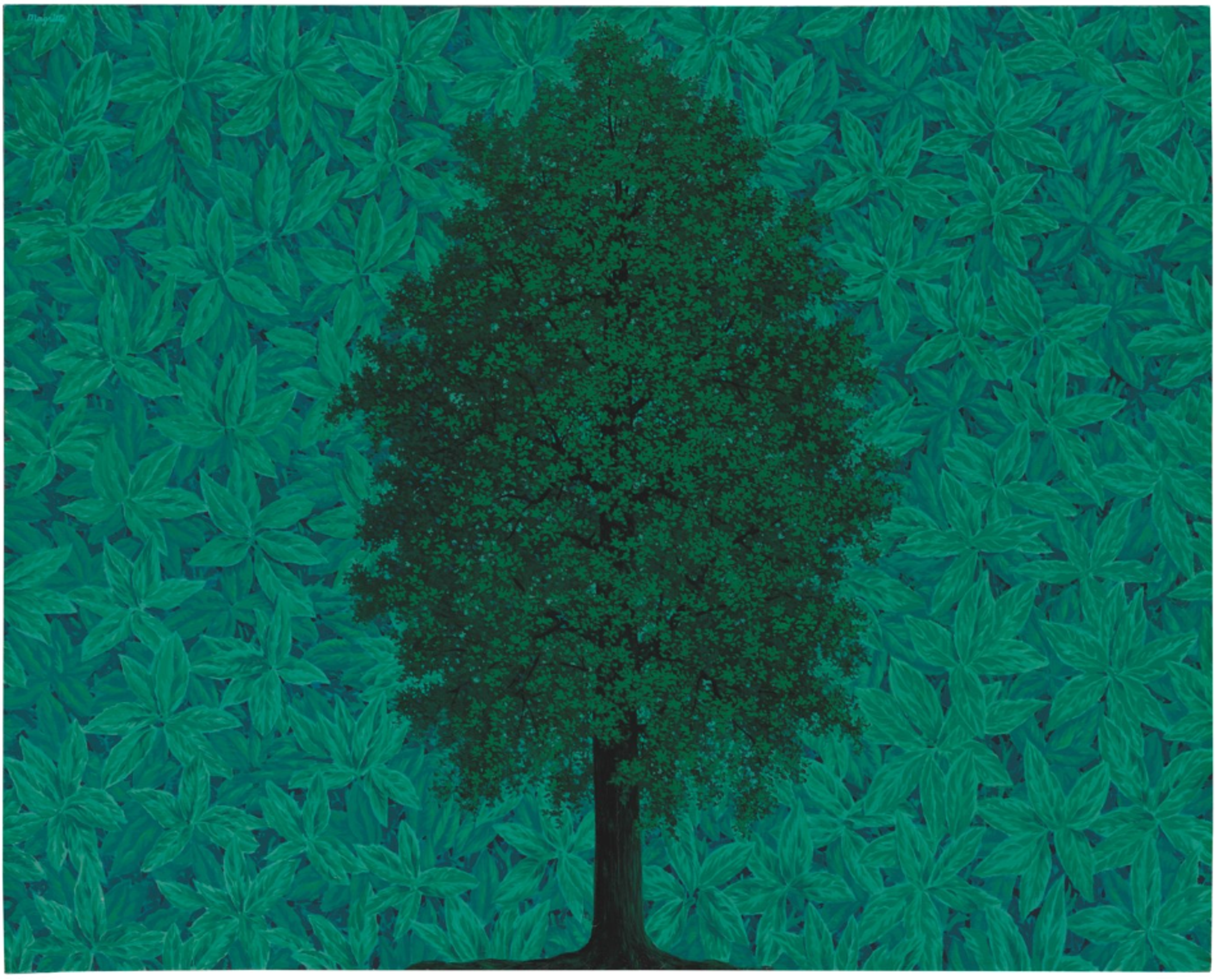 A green painting featuring a single dark green tree centred against a background of green leaves.