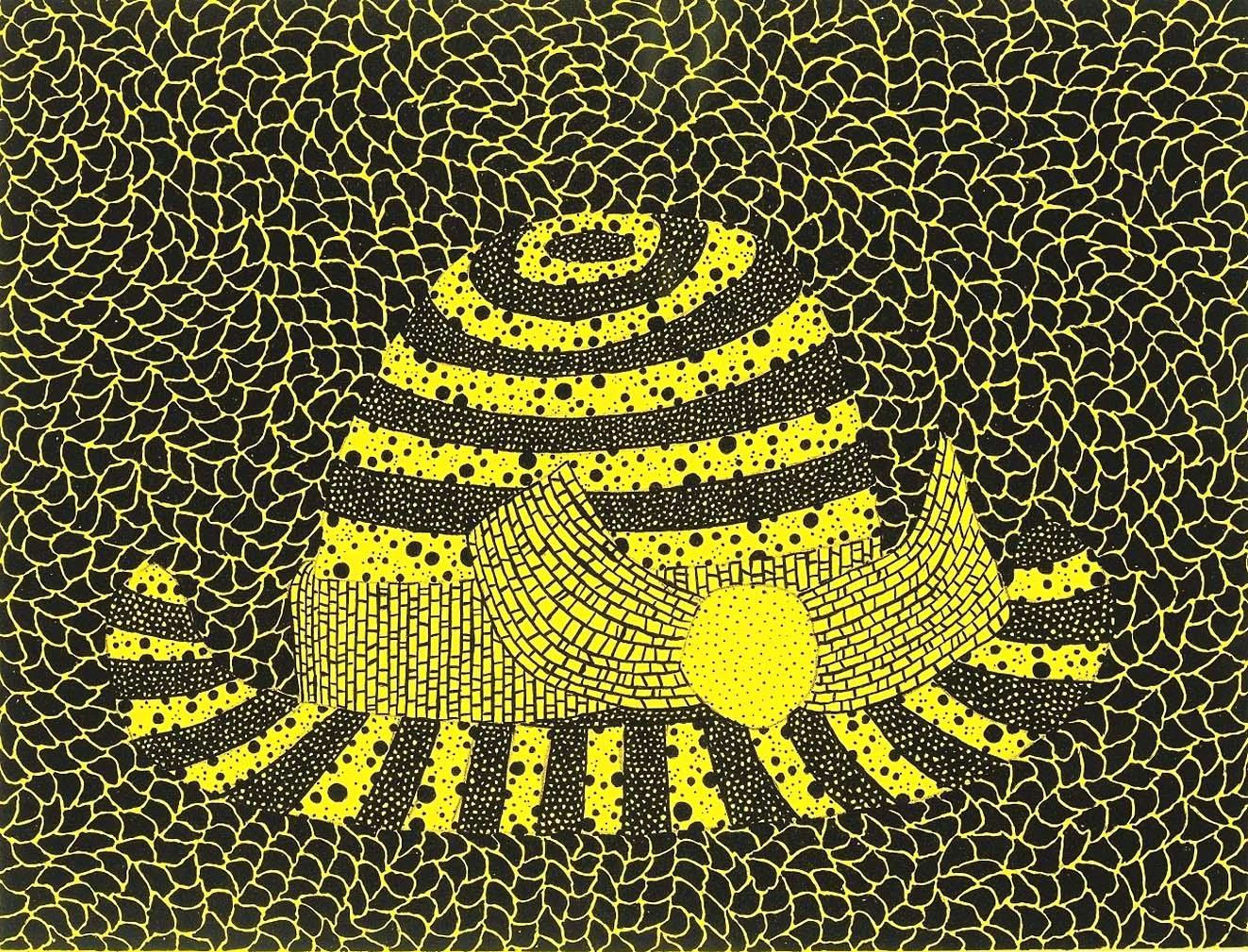 A classic hat form is flattened and cloaked in dots, its identity dissolved into an infinite pattern.
