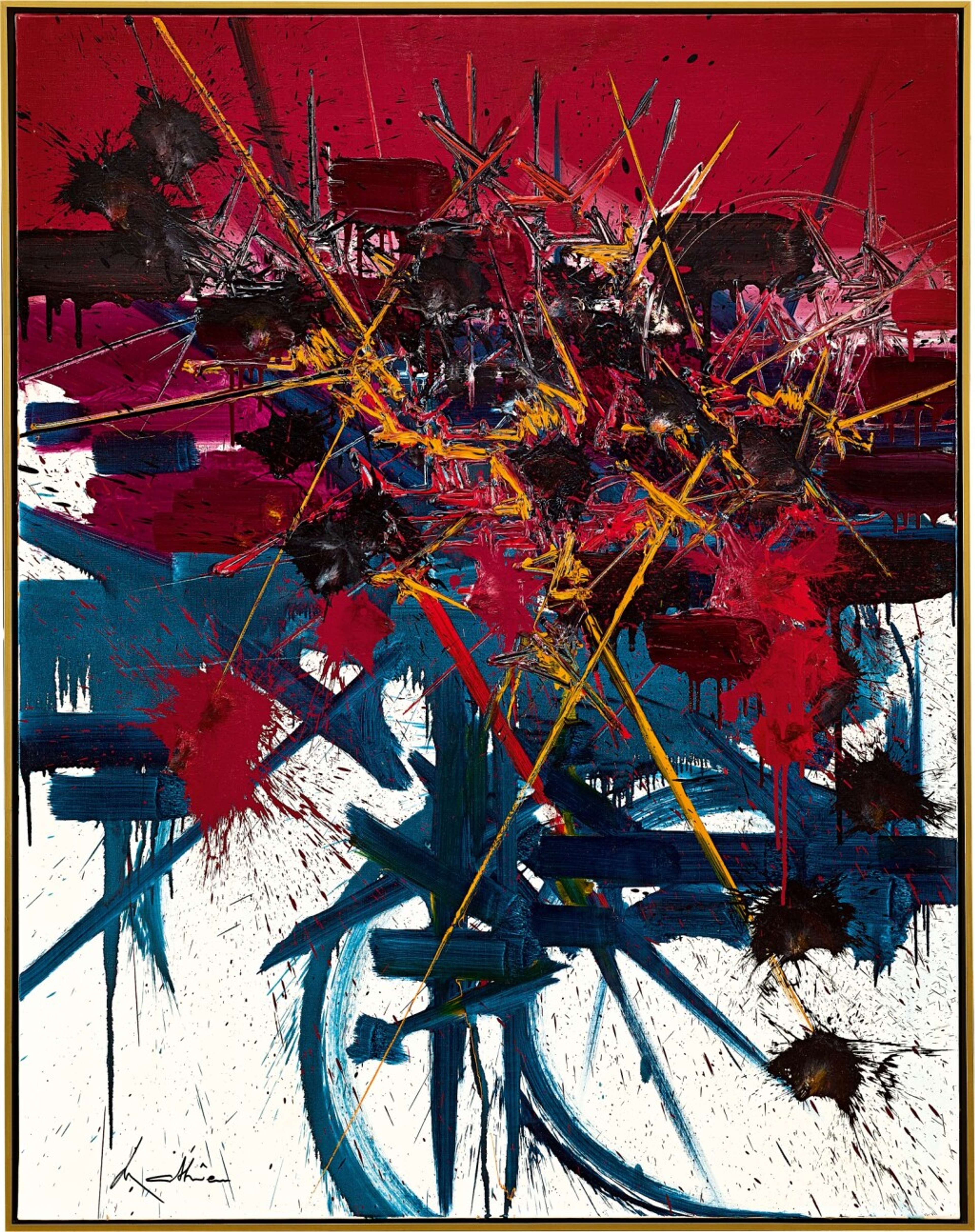 A vertical canvas dominated by a deep red upper half, with energetic bursts of yellow, white, and blue calligraphic lines radiating from the centre. Black splatters and angular marks intersect with sweeping blue strokes over a white lower section, creating a sense of explosive, chaotic movement.