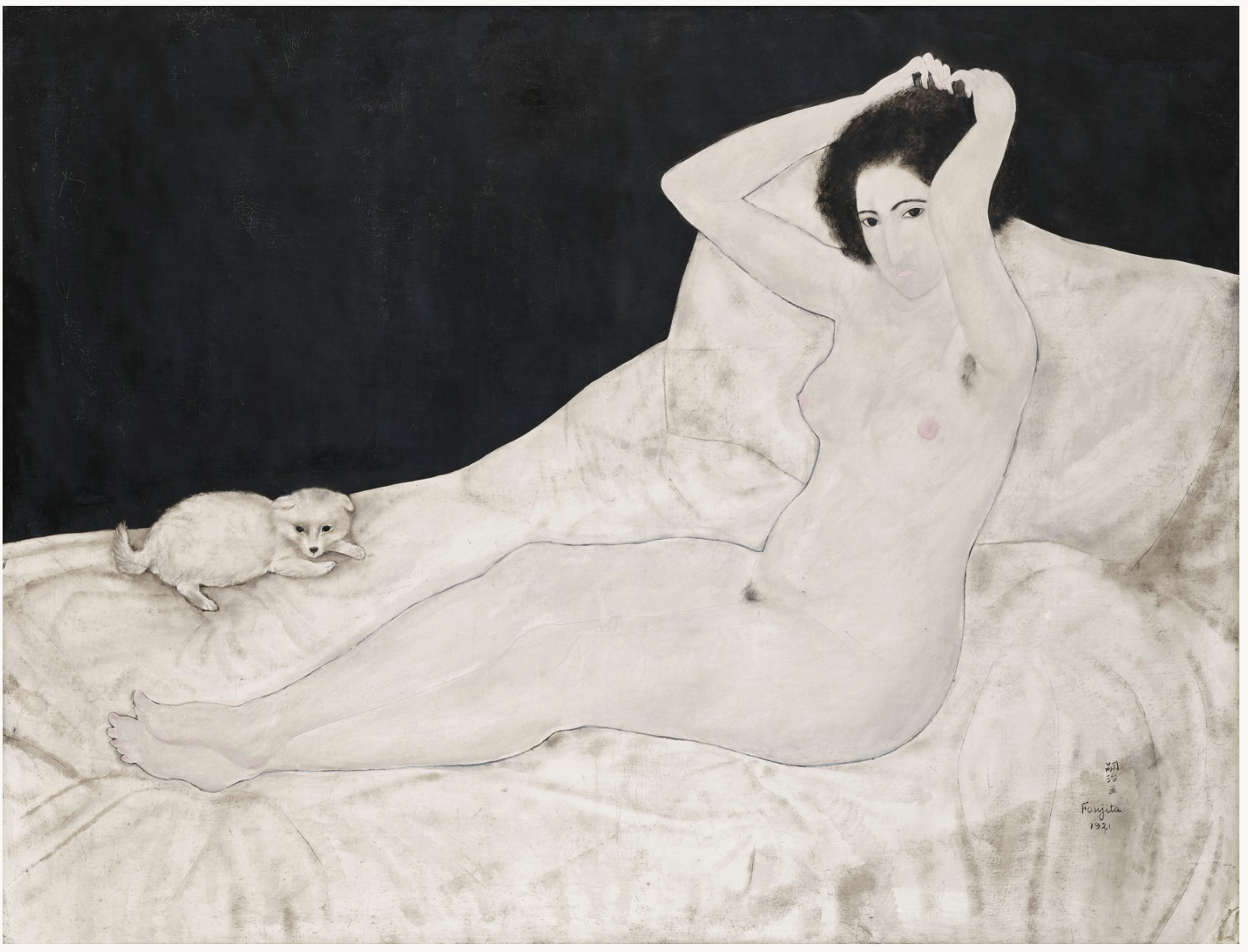 A painting of a reclining nude woman on a bed with a small white dog beside her. The woman has her arms raised above her head as if styling her hair. Her pale figure, the white bed sheets, and the white dog create stark contrast against the flat black background.