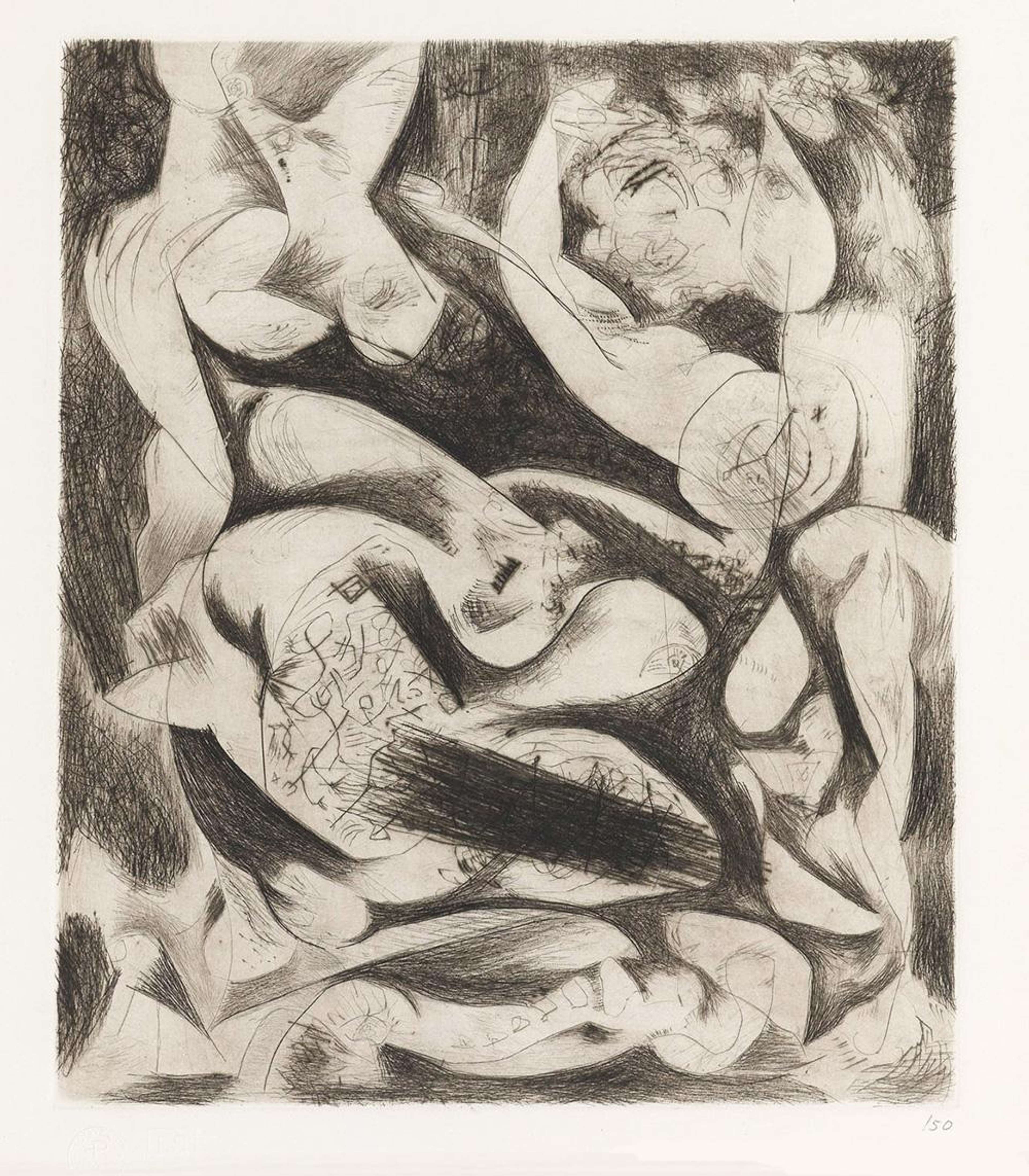 Une gravure en noir et blanc avec des lignes plus douces que beaucoup de sérigraphies plus expressives de Pollock. Les formes créées dans l'œuvre ressemblent au corps humain dans diverses positions, se chevauchant et s'entremêlant les unes aux autres.