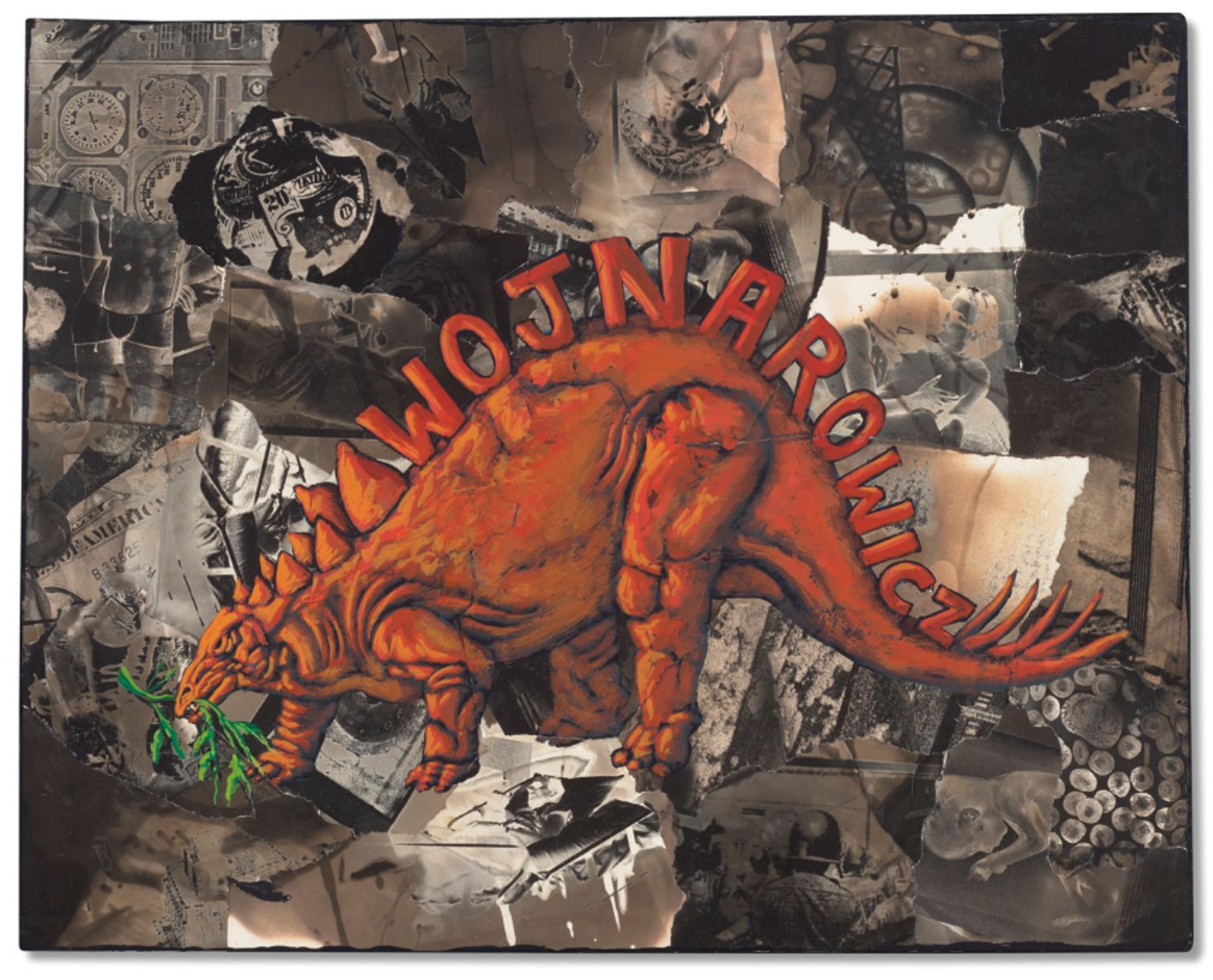At the centre of the composition is a stylised red brontosaurus holding a green branch in its mouth. The name “Wojnarowicz” forms the spines running down its back. Behind the dinosaur is a collage of photo negatives, including a newborn baby, freshly felled timber logs, US dollar bills, and a man asleep in bed.