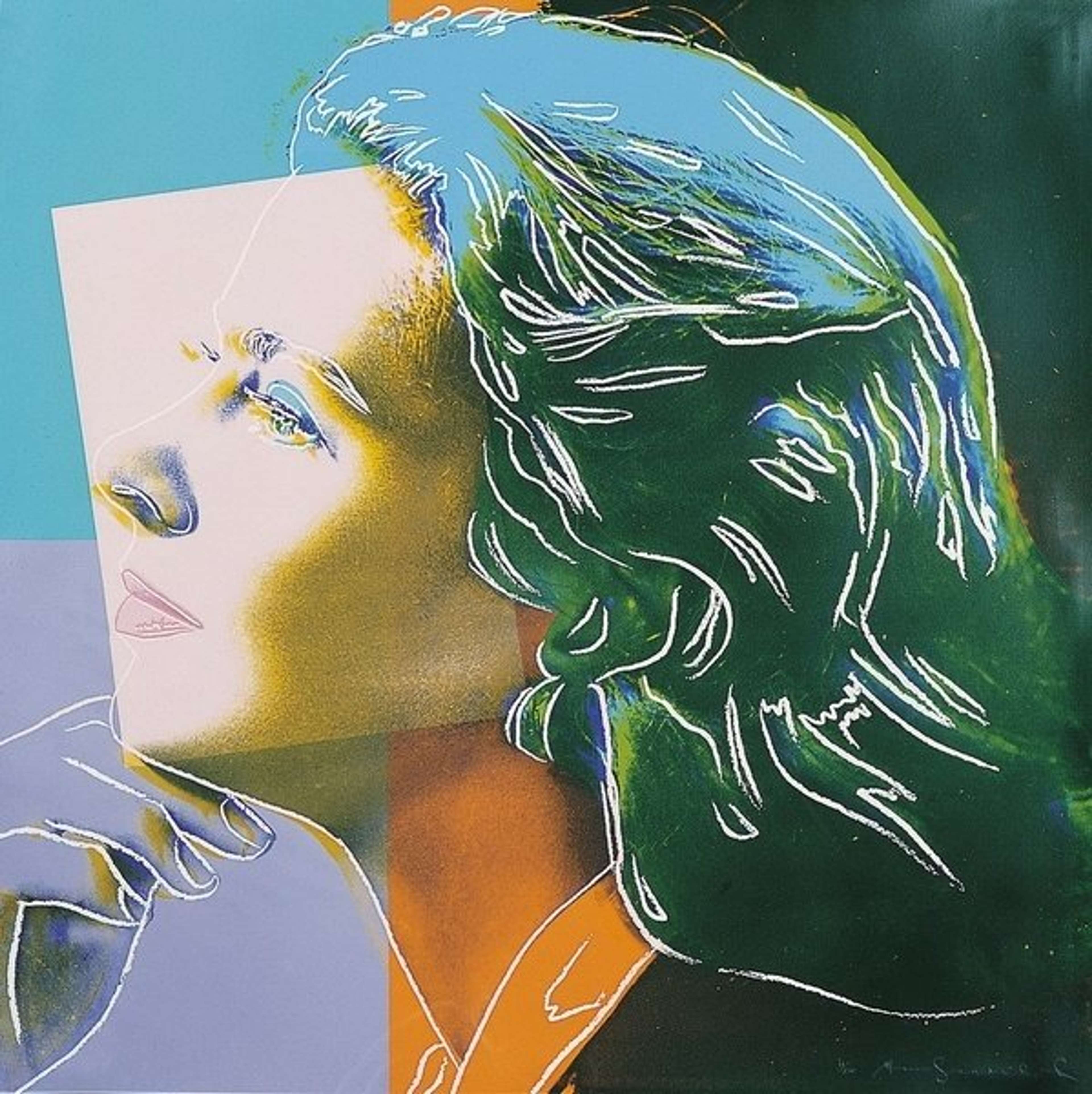 Andy Warhol screenprint portrait of Ingrid Bergman in yellow, blue, pink, and black, rendered in a bold Pop Art style.