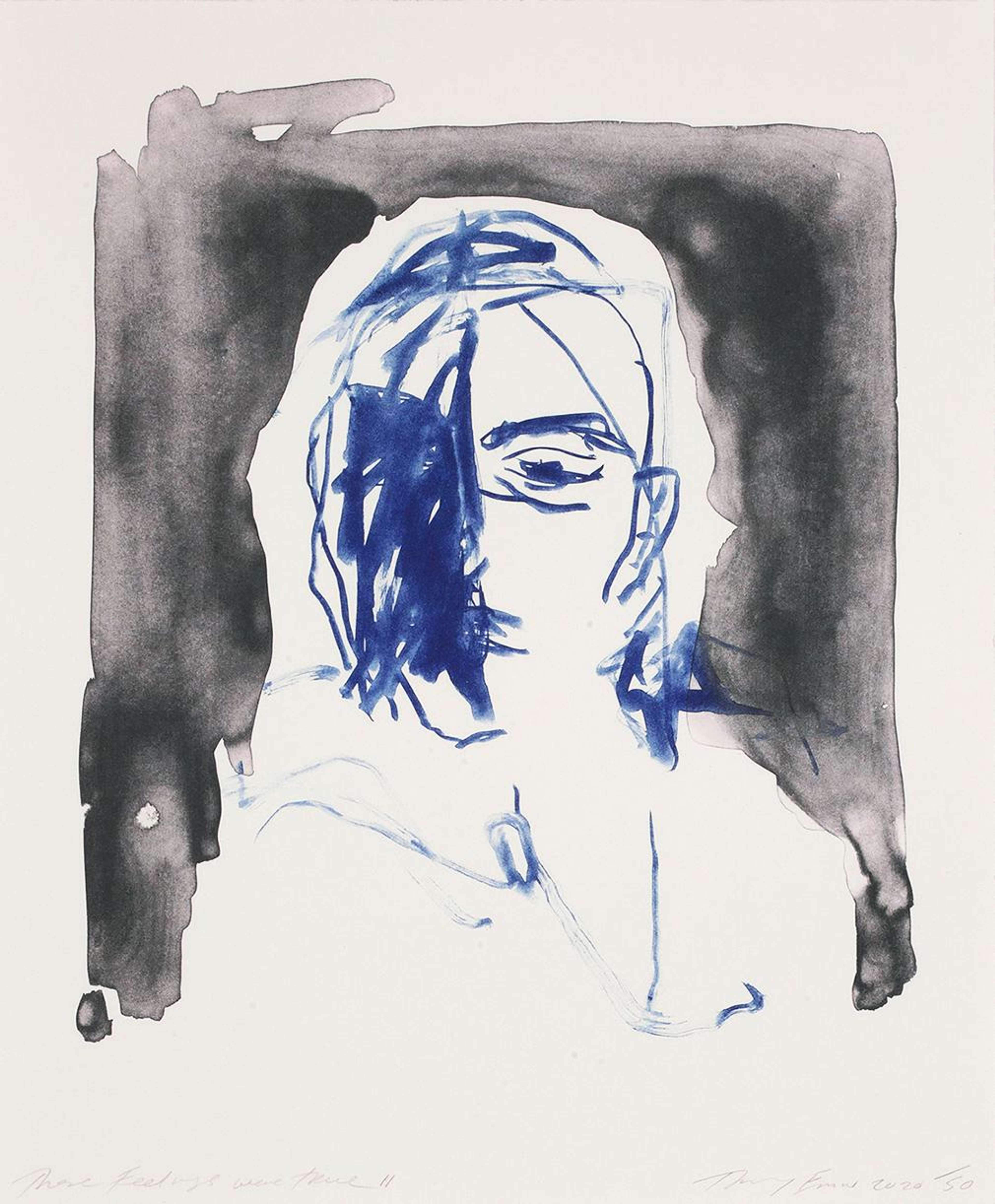 Une lithographie de Tracey Emin présentant son « Self Portrait » sur fond d'une lavée d'encre bleue.