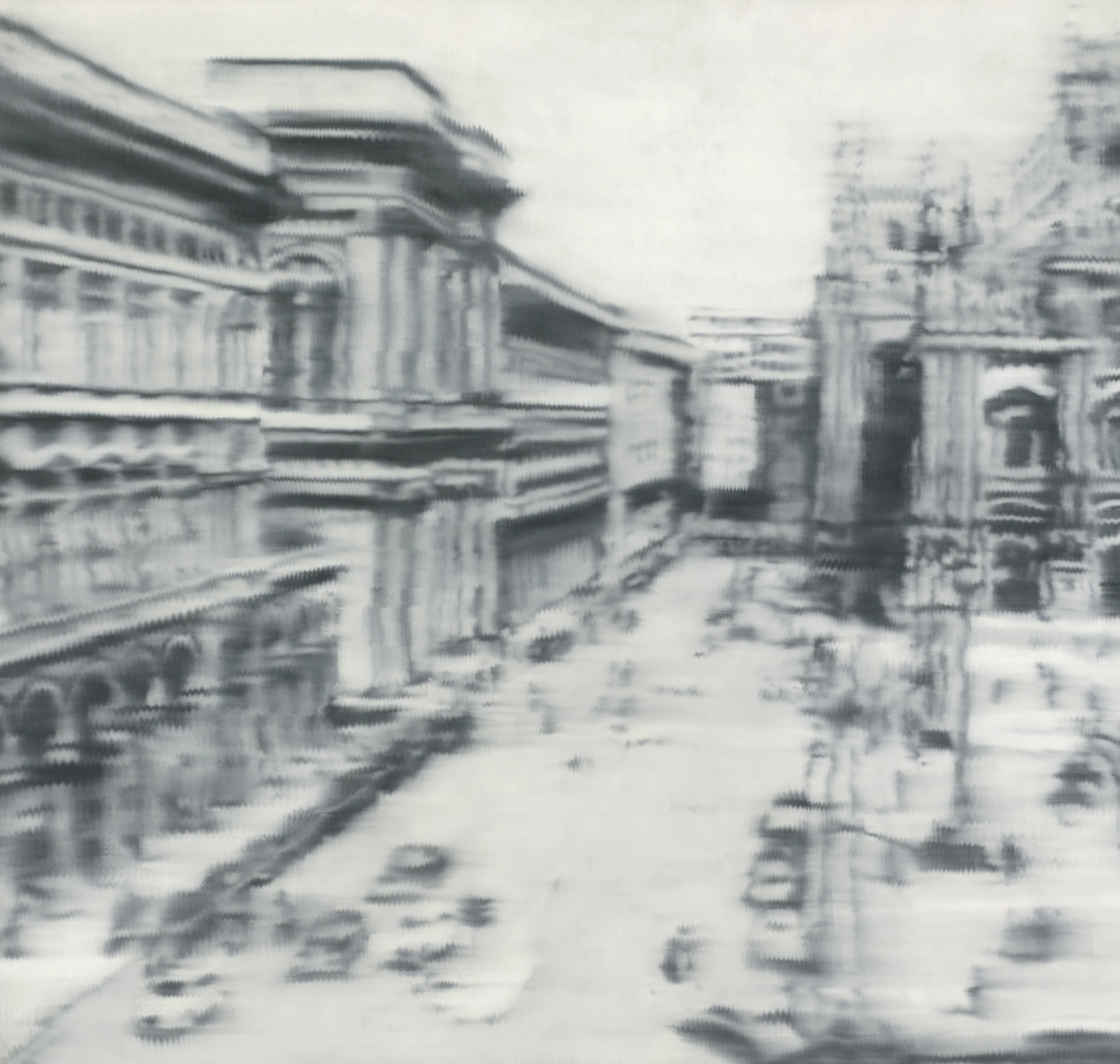 Photorealistic painting by Gerhard Richter, featuring a blurred black and white depiction of Milan's Cathedral Square between the Galleria Vittorio Emanuele and the Milan Cathedral.