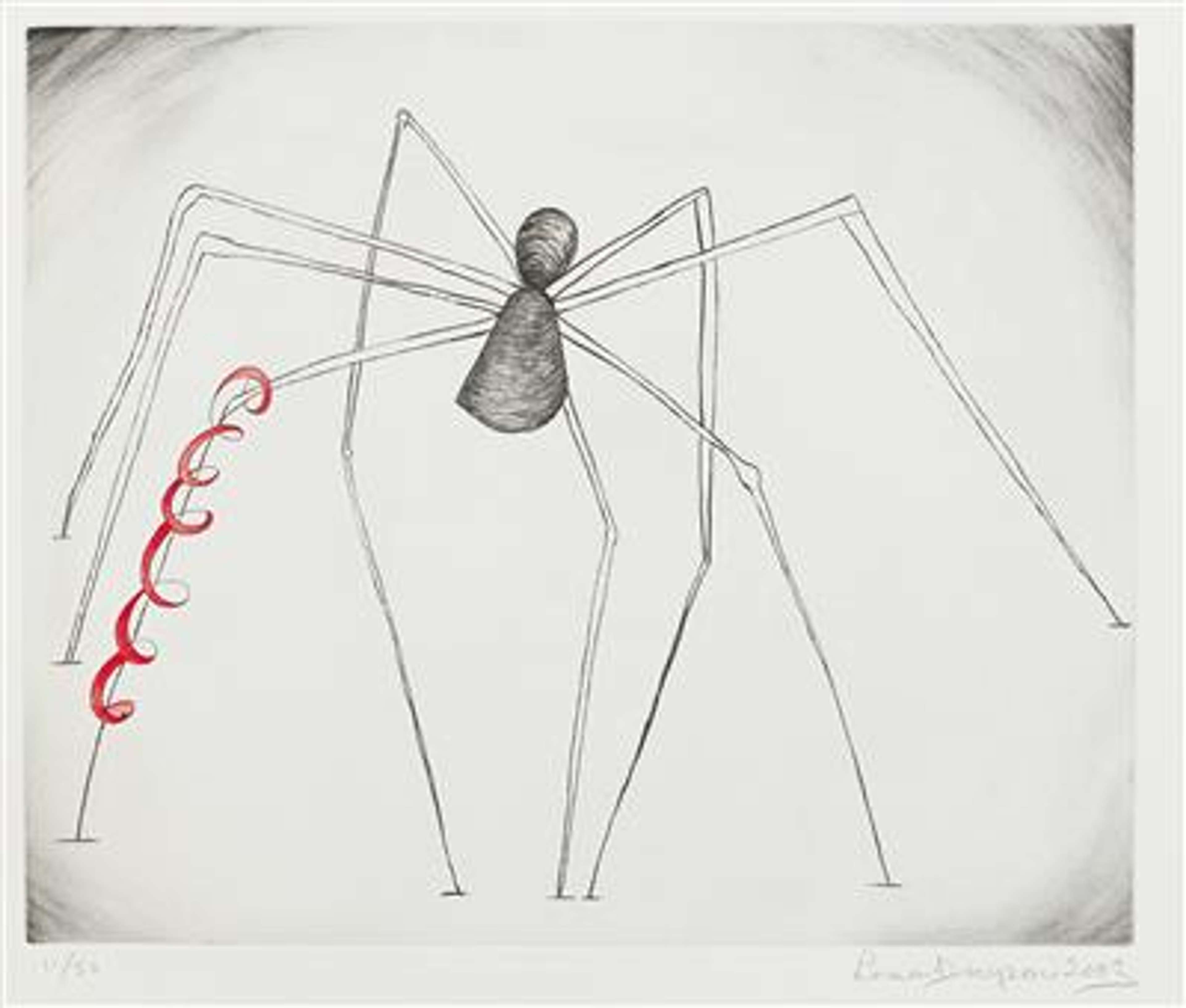 Estampe de Louise Bourgeois, « Spider & Snake » (2003). Image gravée d'une araignée en noir et blanc avec un serpent rouge enroulé autour d'une de ses pattes.