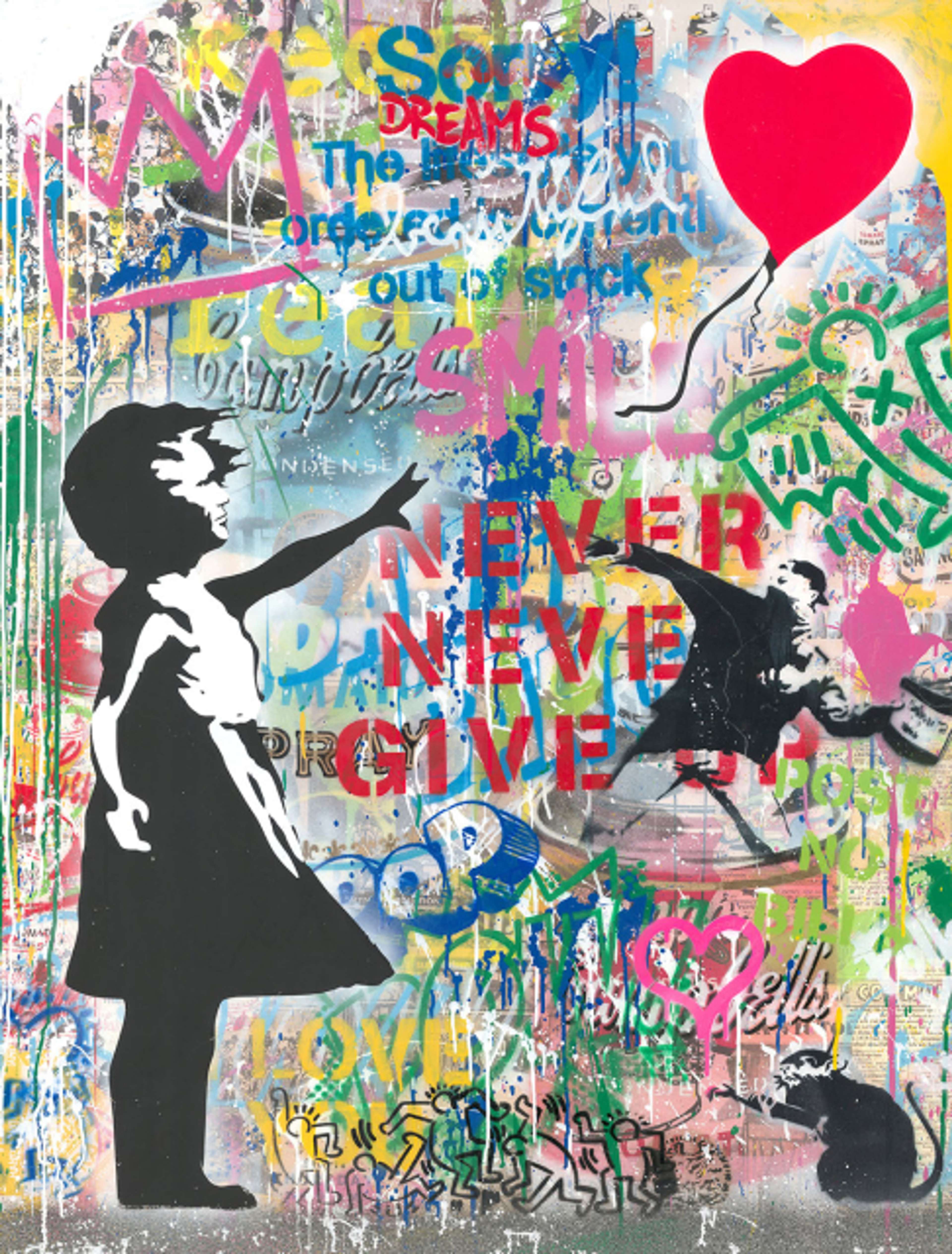 Une image de la peinture « Never Give Up » de Mr Brainwash, montrant « Girl With Balloon » de Banksy aux côtés d'autres symboles emblématiques de l'art contemporain, dont « Love Rat » de Banksy, les boîtes de soupe Campbell d'Andy Warhol, les couronnes de Basquiat et des figures de Keith Haring.