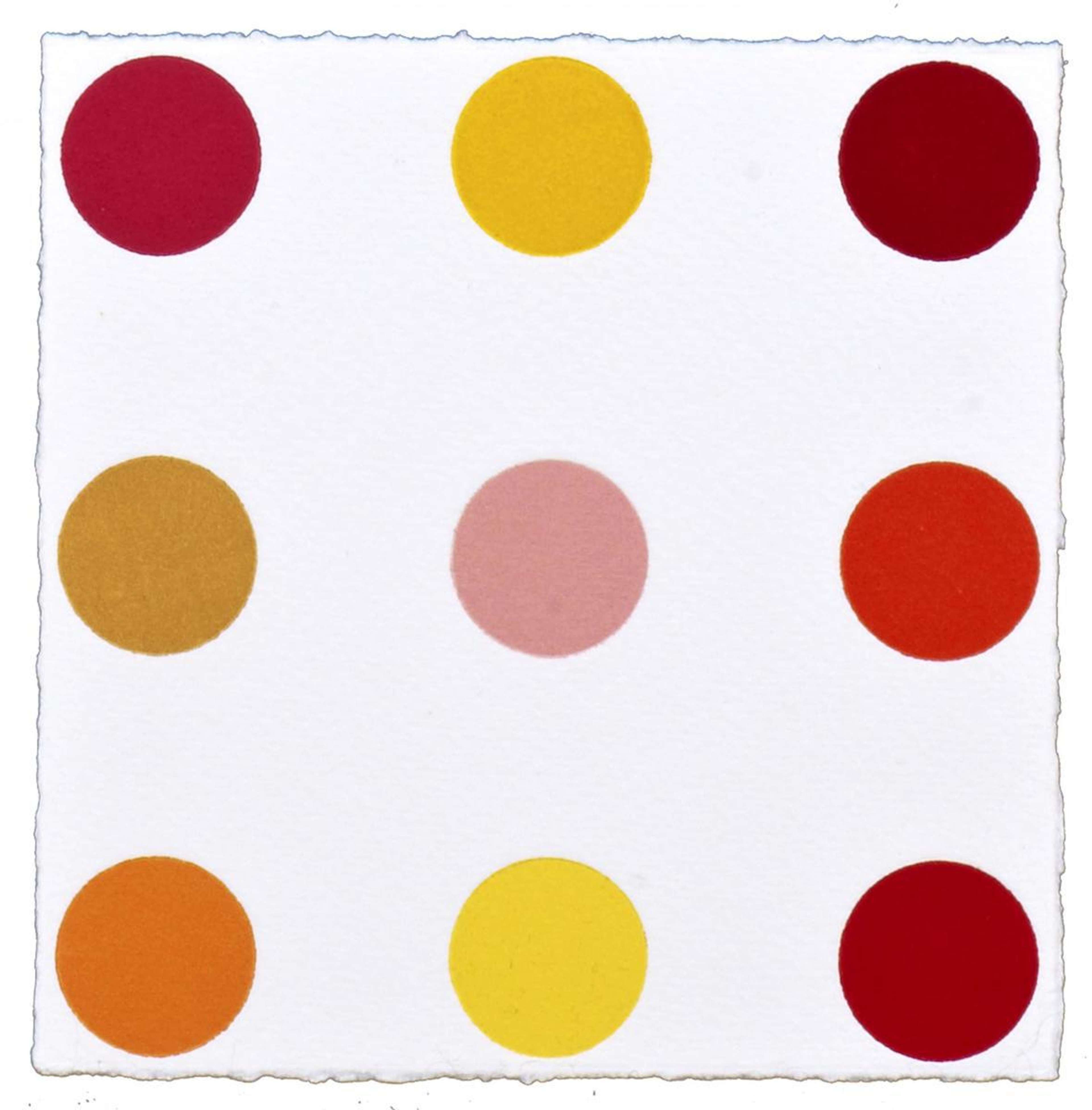 The print shows various coloured spots arranged methodically into four rows of three. Each spot is a different hue, in a warm colour palette.