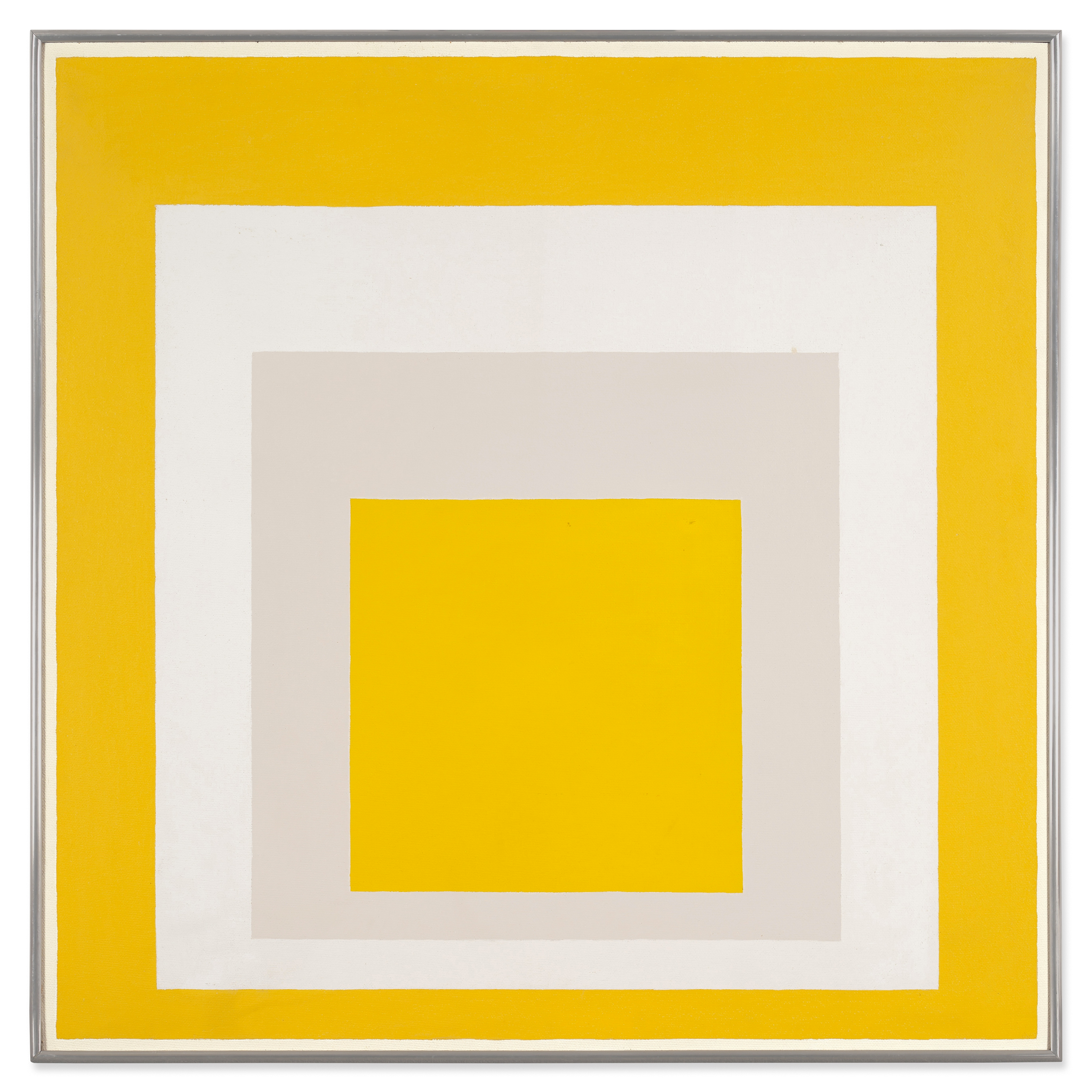 Une série de carrés jaunes, gris et blancs diminuent de taille progressivement depuis le centre de la composition.