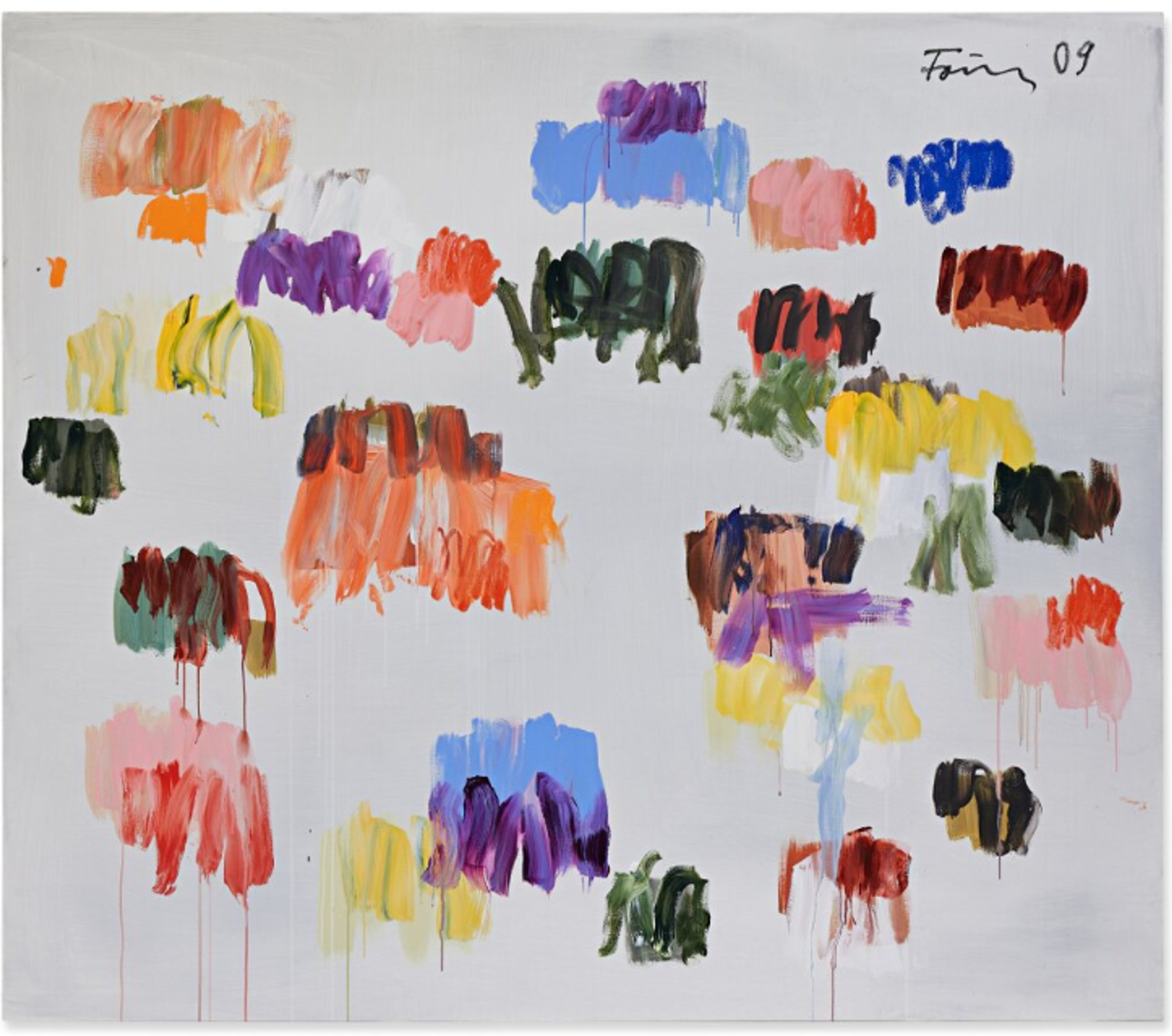 An acrylic painting characterised by more saturated colours and denser arrangements of brushstrokes. The composition features prominent orange, blue, black, purple, and yellow marks organised in loose clusters across the canvas.
