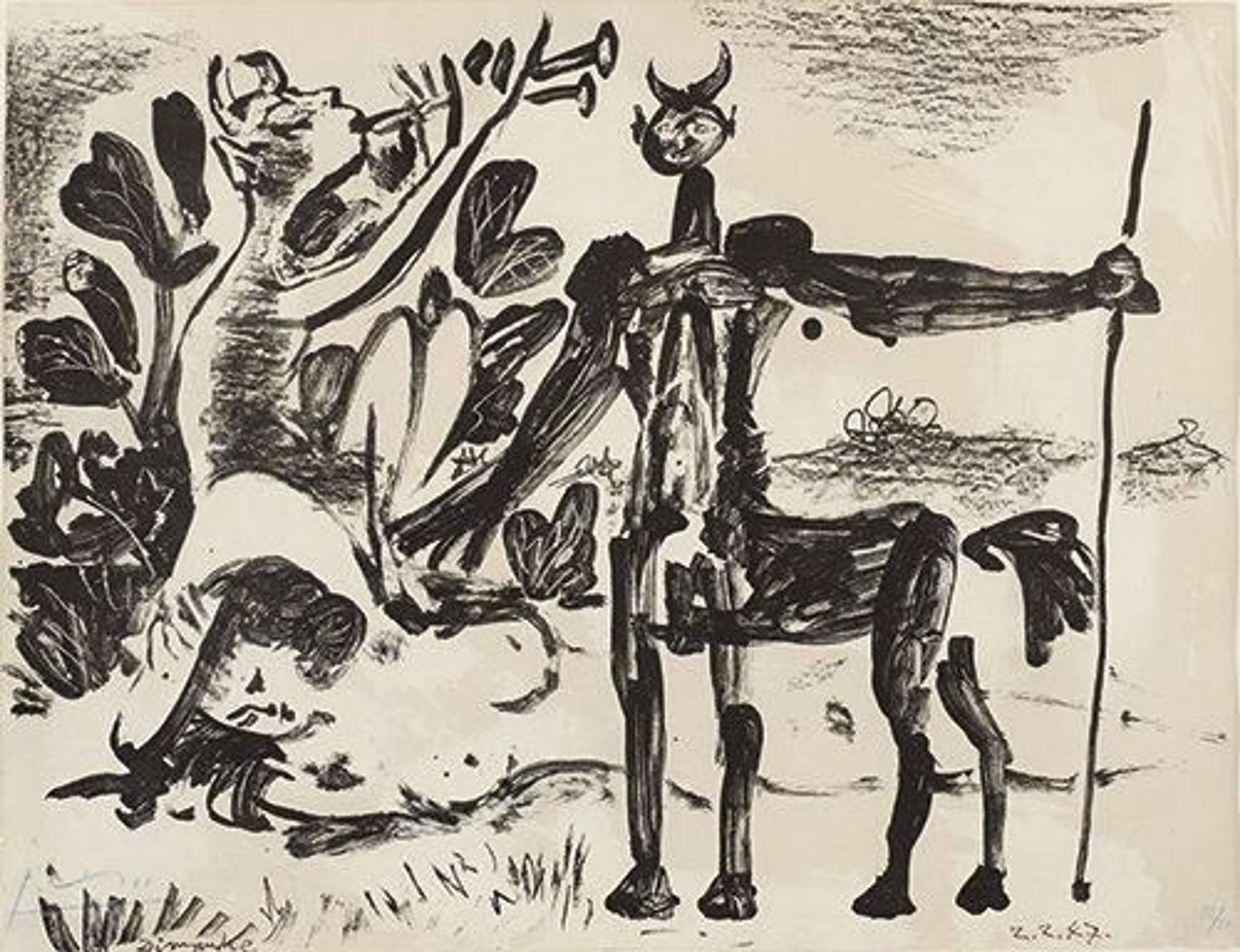 Cette lithographie de Picasso représente la figure d'un centaure rencontrant un faune dans un paysage champêtre. Les deux figures se tiennent au-dessus d'une figure féminine nue.