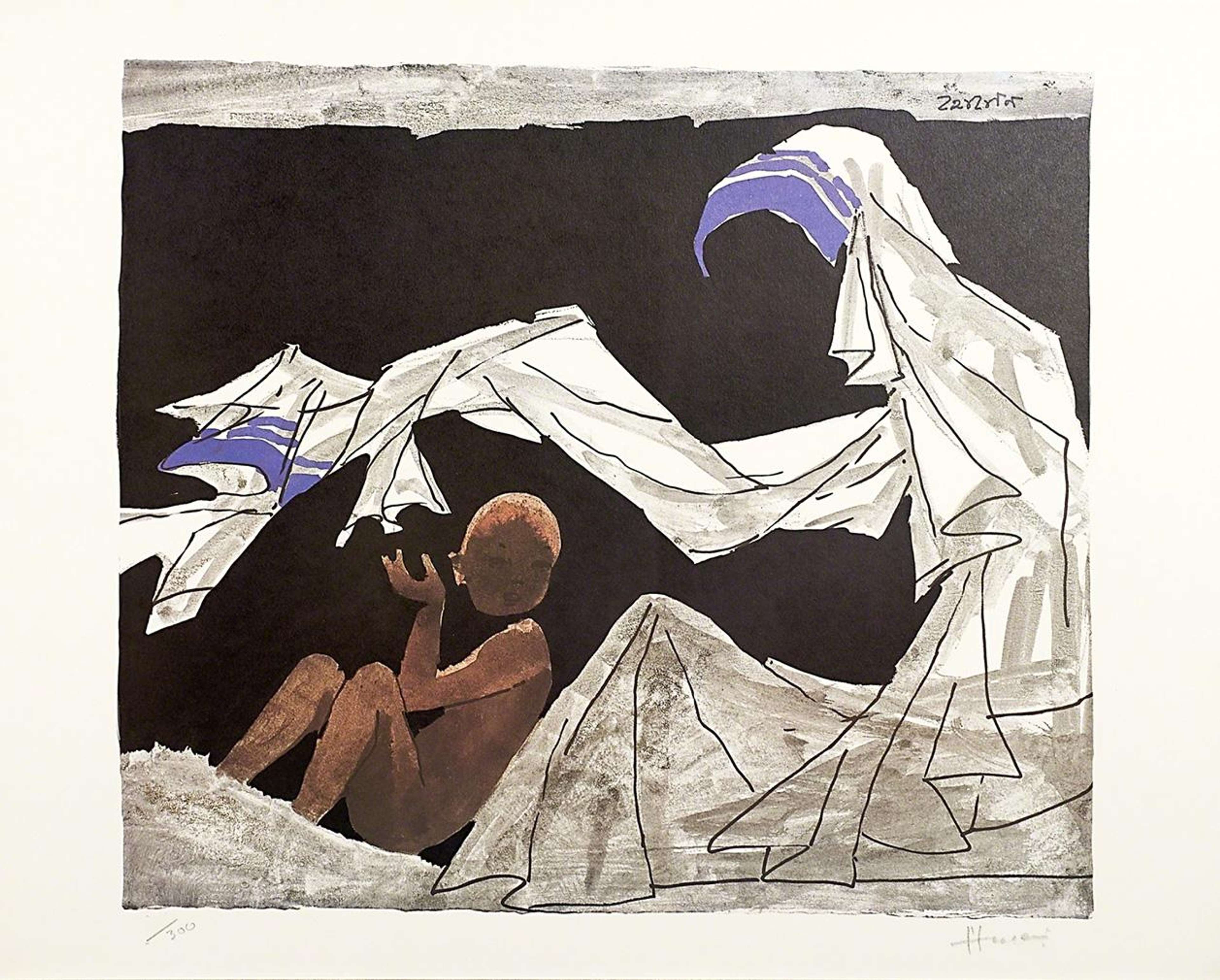 Une représentation de Mère Teresa et d'un petit nourrisson nu. Tous les traits de Mère Teresa ainsi que sa peau exposée sont remplacés par de l'encre noire mate qui se fond dans le fond. Seuls ses vêtements bleus et blancs et sa coiffe donnent forme à sa silhouette, semblant s'enrouler autour de l'enfant pour l'enserrer.