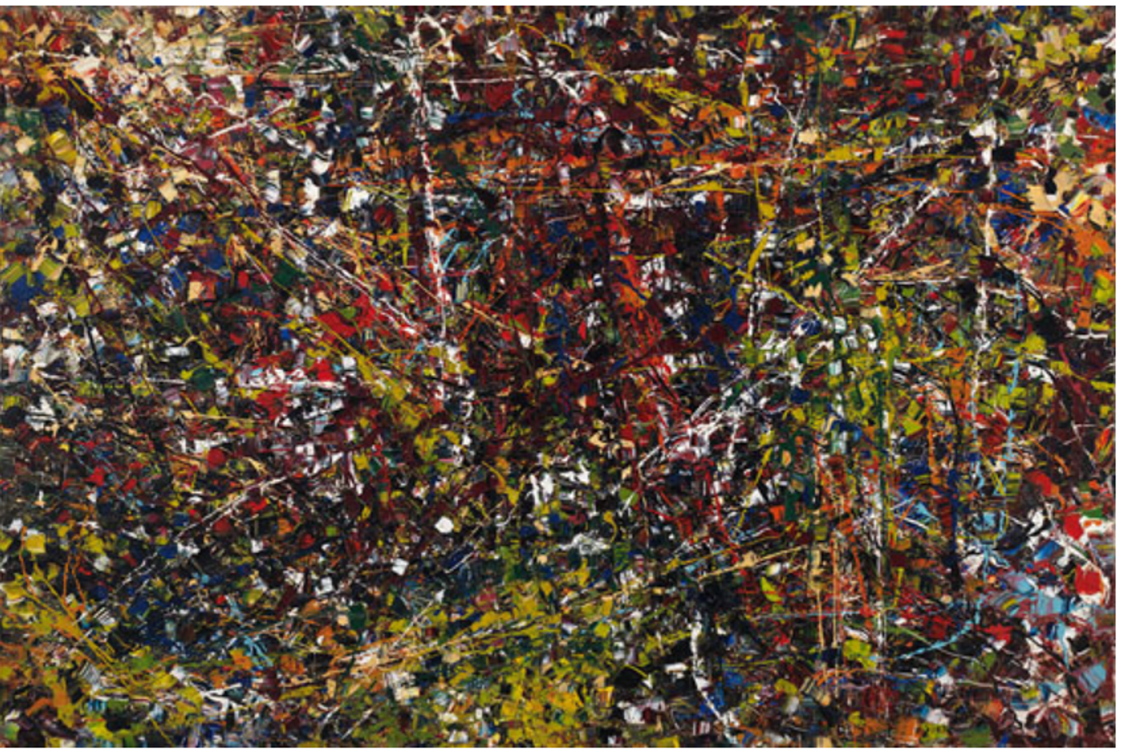 A dynamic composition with yellows, reds, and blacks that swirl across the canvas. The tessellated pattern of palette knife strokes and paint drips creates texture reminiscent of ice or wind-blown landscapes. Layered paint suggests movement and atmospheric force, reflecting the painting's title.