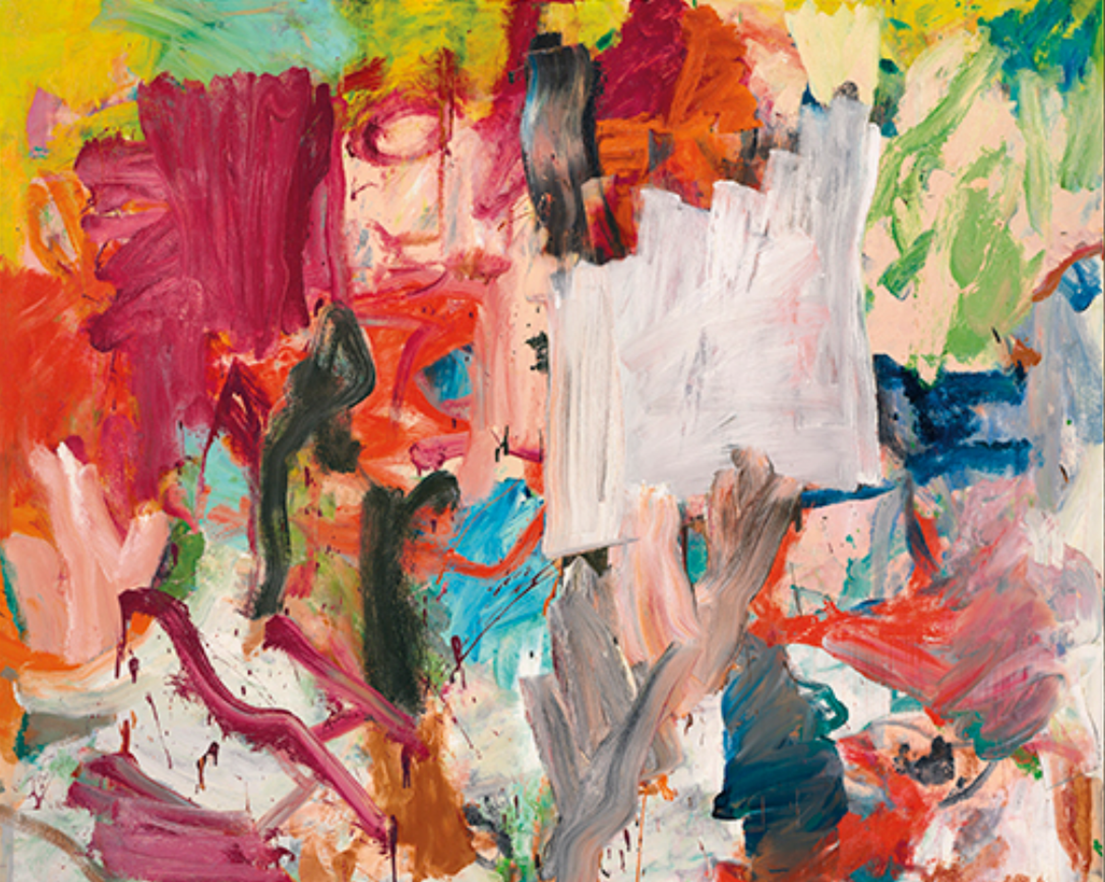A colourful abstract painting dominated by pink, red, yellow, and green. The composition features bold, expressive brushstrokes with areas of thick paint application and white spaces.