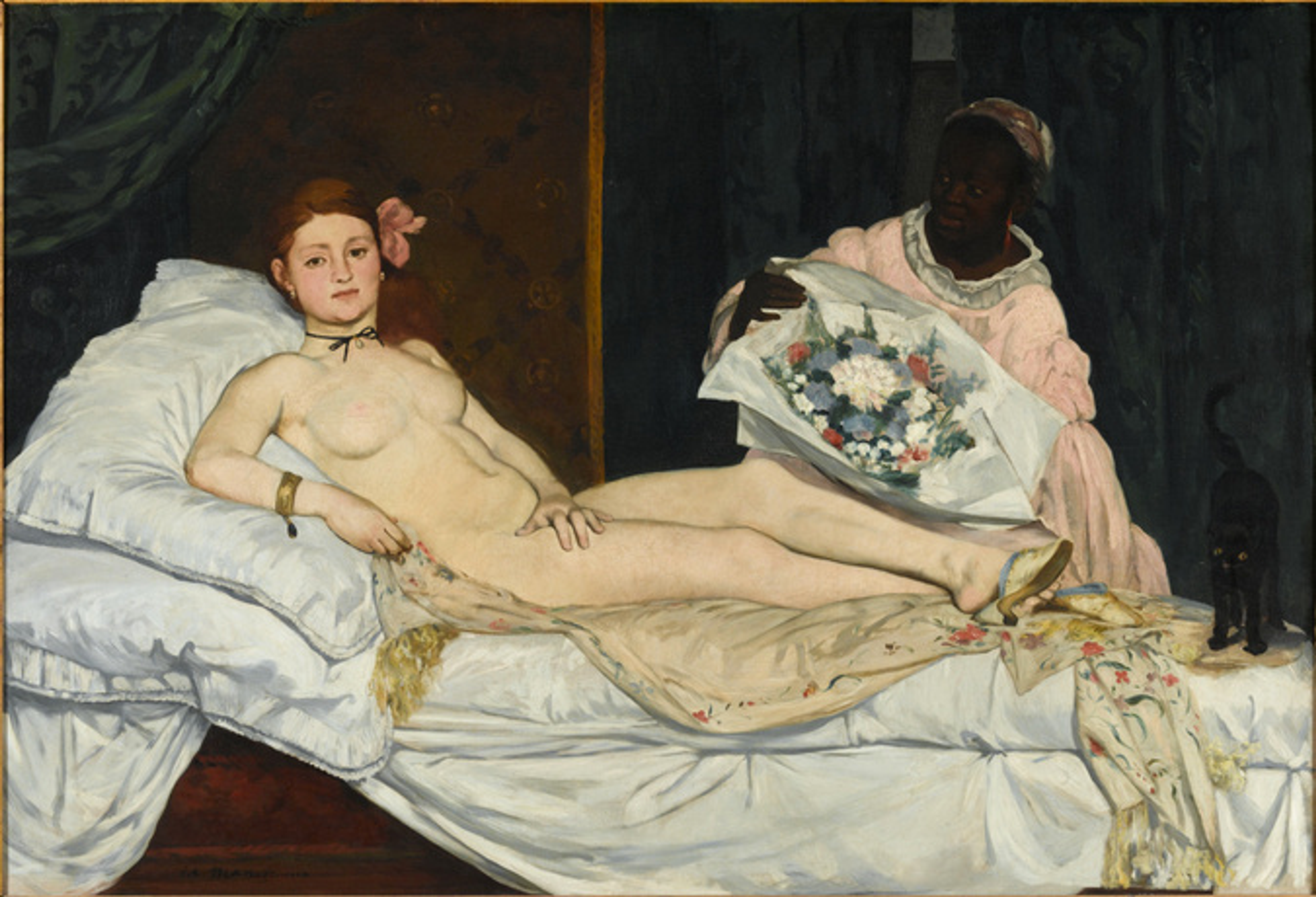 « Olympia » d'Édouard Manet. Une femme nue allongée sur son lit, regardant droit dans les yeux du spectateur. À ses côtés se trouvent sa servante tenant un coussin et son chat.