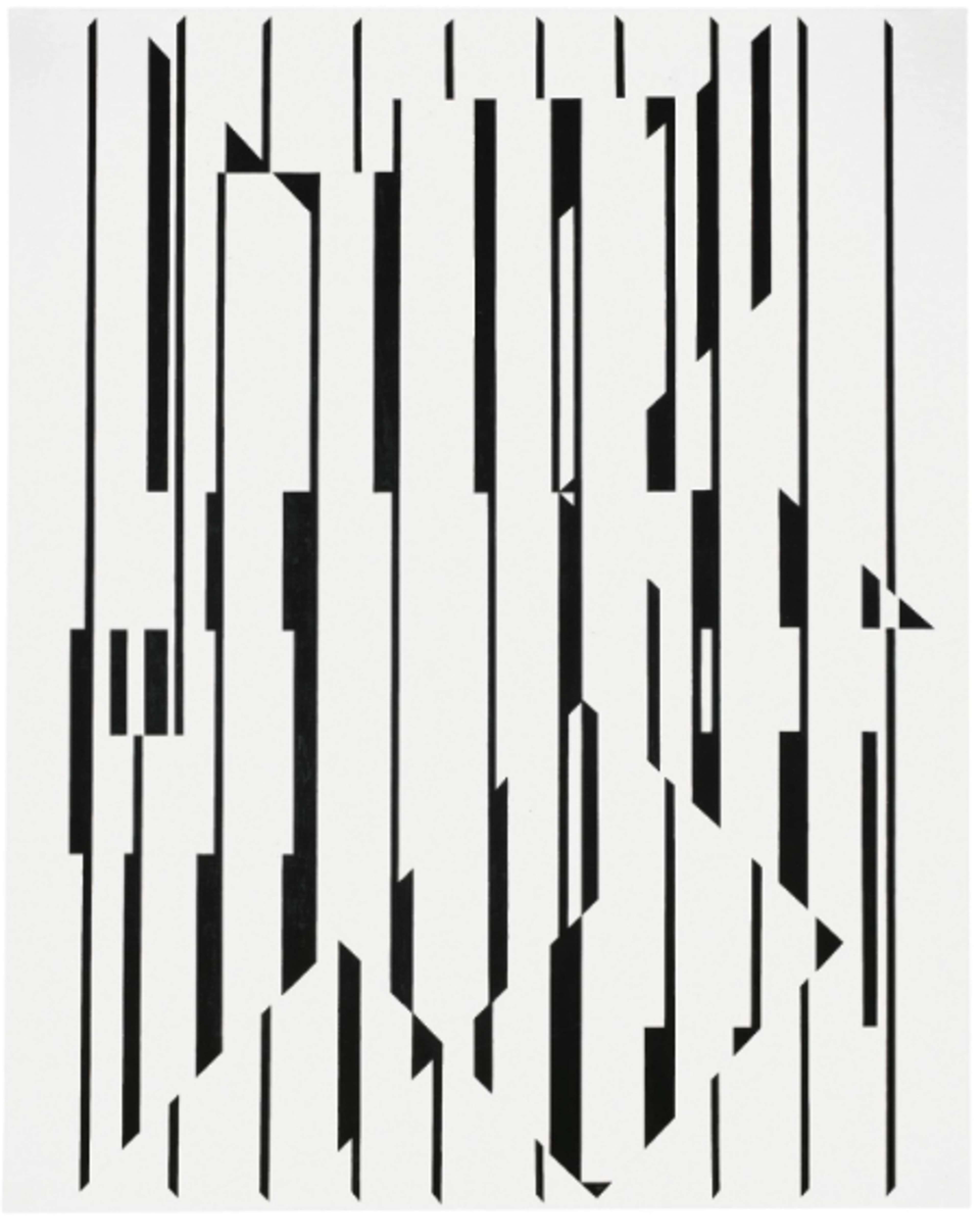 A white canvas with vertical black lines of varying widths strategically placed to create an optical effect of repeating rhombuses and squares.