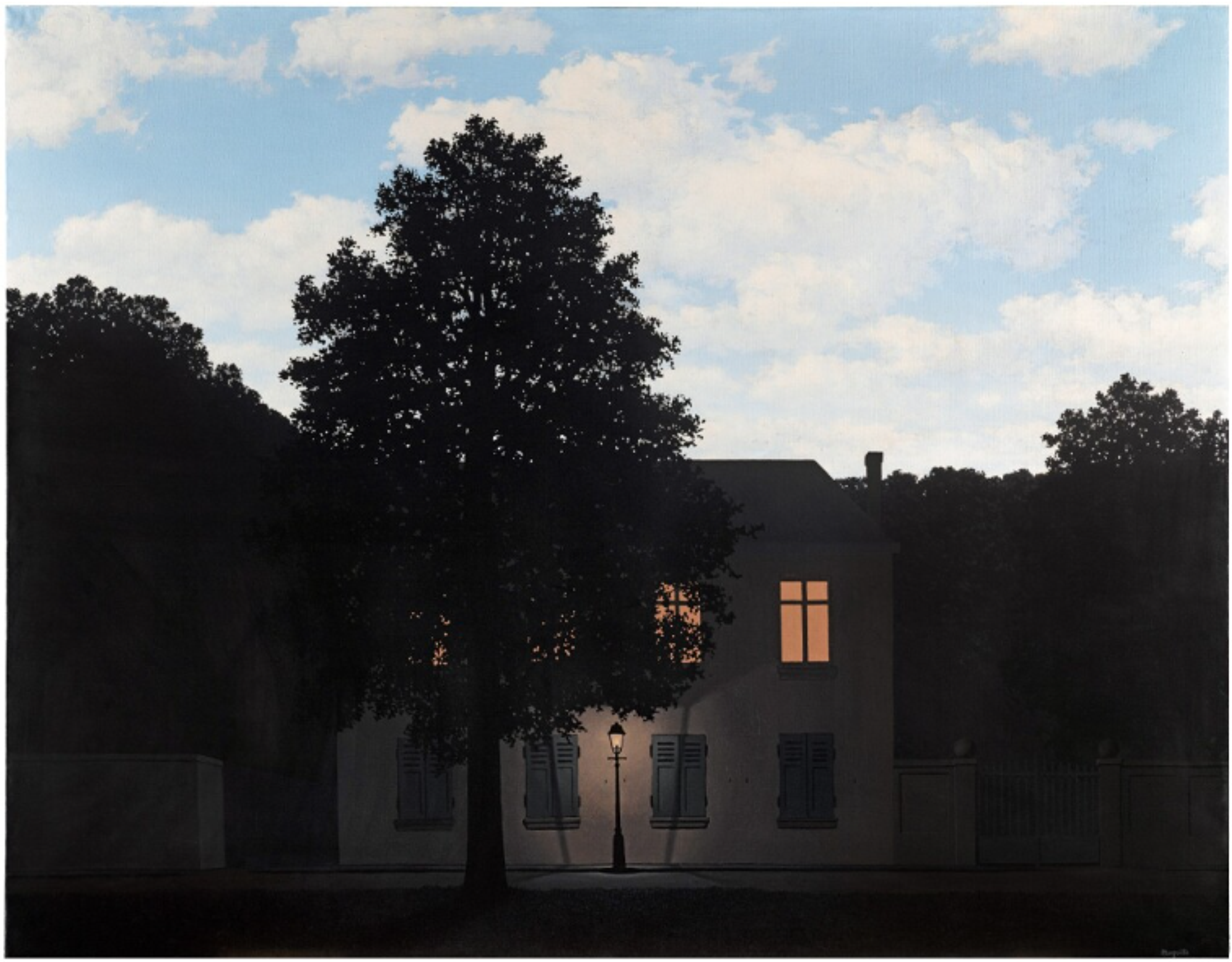 A surreal view of a darkened house with two illuminated windows, partially obscured by a tall silhouette of a tree. Despite the darkness of the landscape, the sky is bright blue.