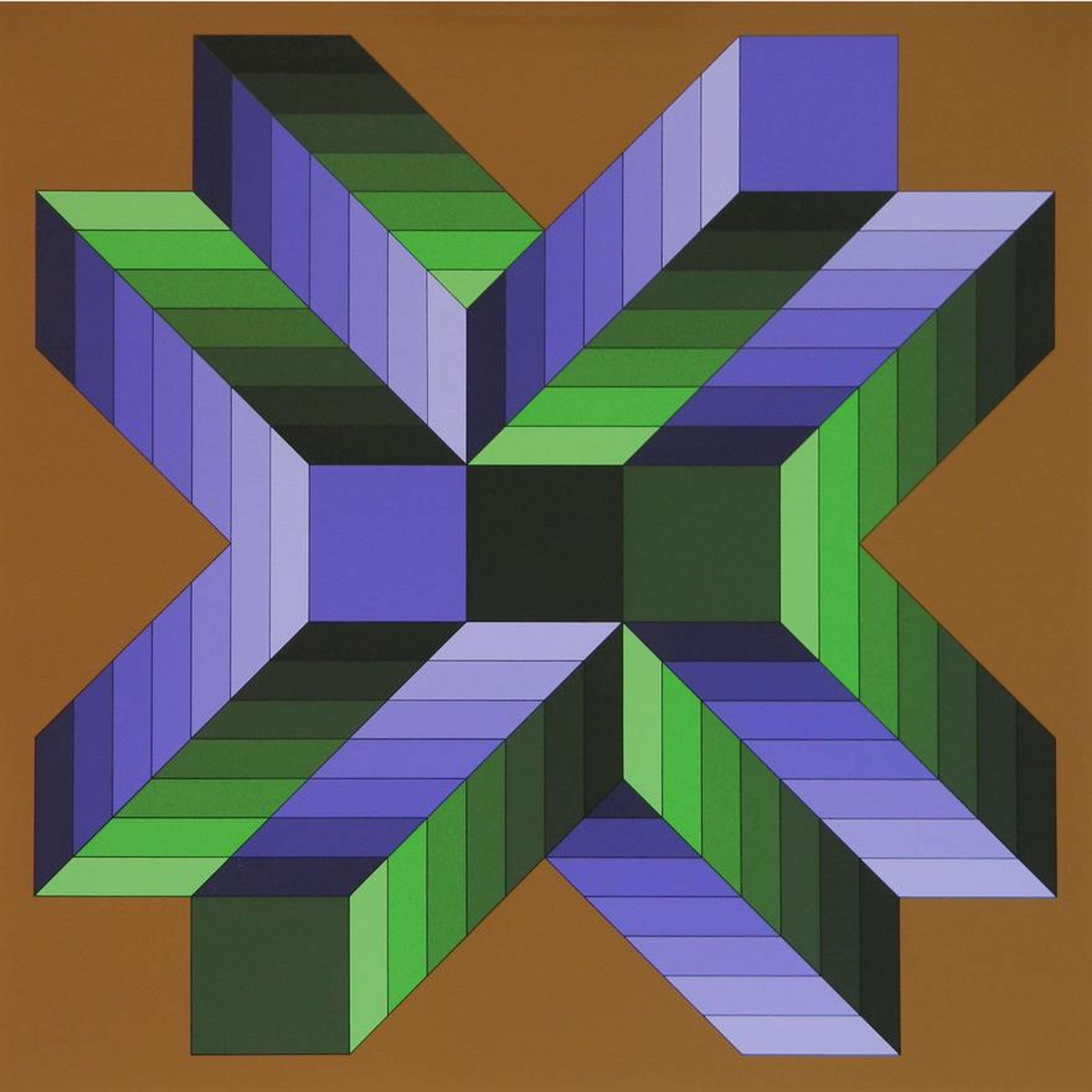Estampe « Mata-Fem » de Victor Vasarely (1978). L'estampe est composée de parallélépipèdes rectangulaires verts et violets joints en forme d'astérisque, sur un fond bronze.