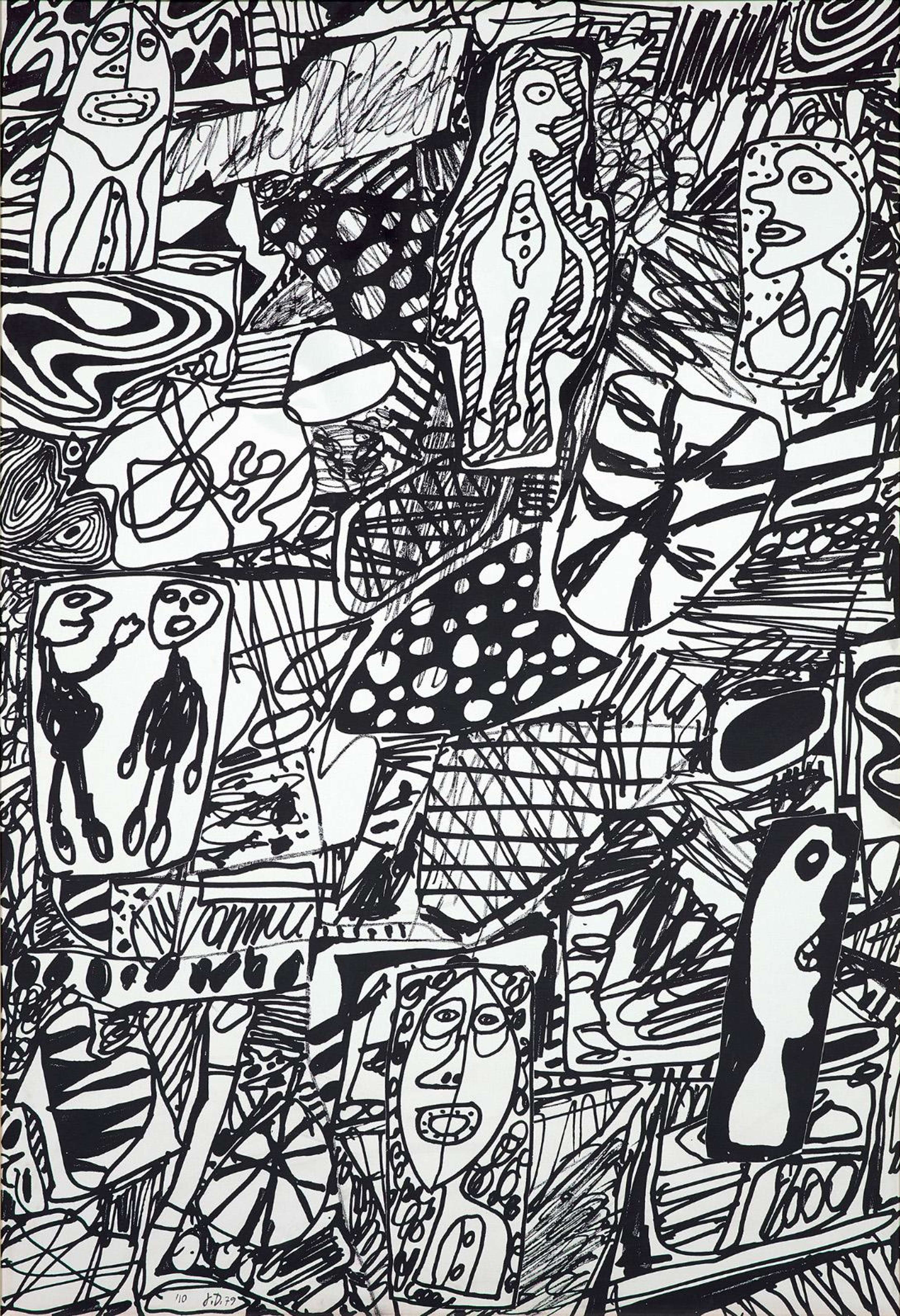 Un motif de style graffiti en noir et blanc, réalisé avec des traits rapides et bruts. Il est principalement divisé en formes organiques et fluides, contenant chacune un nouveau dessin ou motif. Certaines sont figuratives, d'autres se concentrent sur des rayures, des grilles et des formes géométriques.
