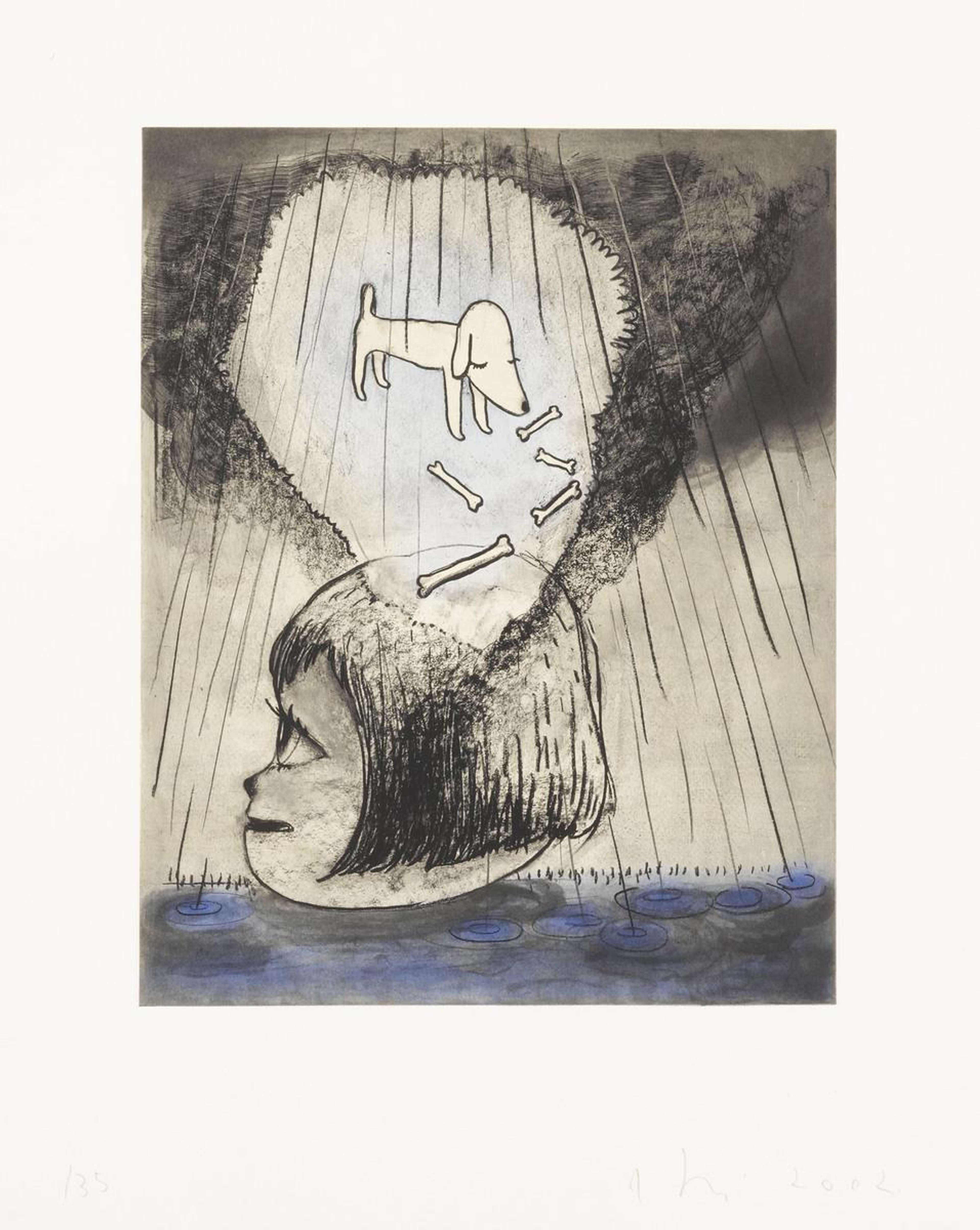 L'estampe « Rainy Day » de Yoshitomo Nara, qui représente une grosse tête dans l'eau, accompagnée d'une bulle de pensée et de pluie.