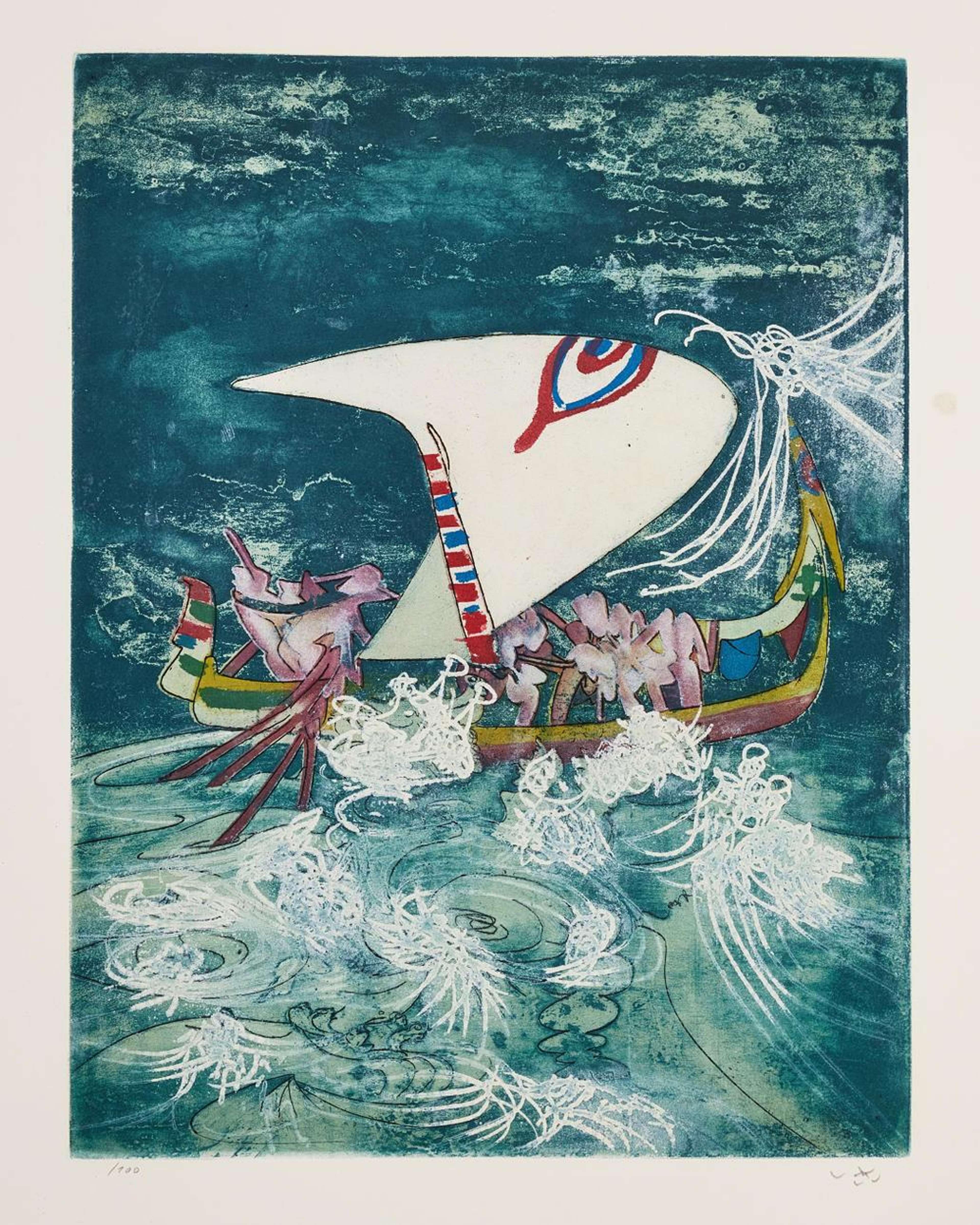 Une estampe représentant un voilier en mer, vue en plongée et de biais. L'eau bleue, avec son écume blanche tourbillonnante, vient frapper la coque. La voile blanche arbore un œil bleu et rouge en son centre. Les figures déformées et pourpres sur le bateau fusionnent pour n'être plus que quelques formes distinctes. Le style est, à première vue, illustratif, mais les éléments surréalistes se révèlent rapidement. Comme dans toutes les œuvres de Matta, les zones de couleur présentent une texture rugueuse et marbrée.