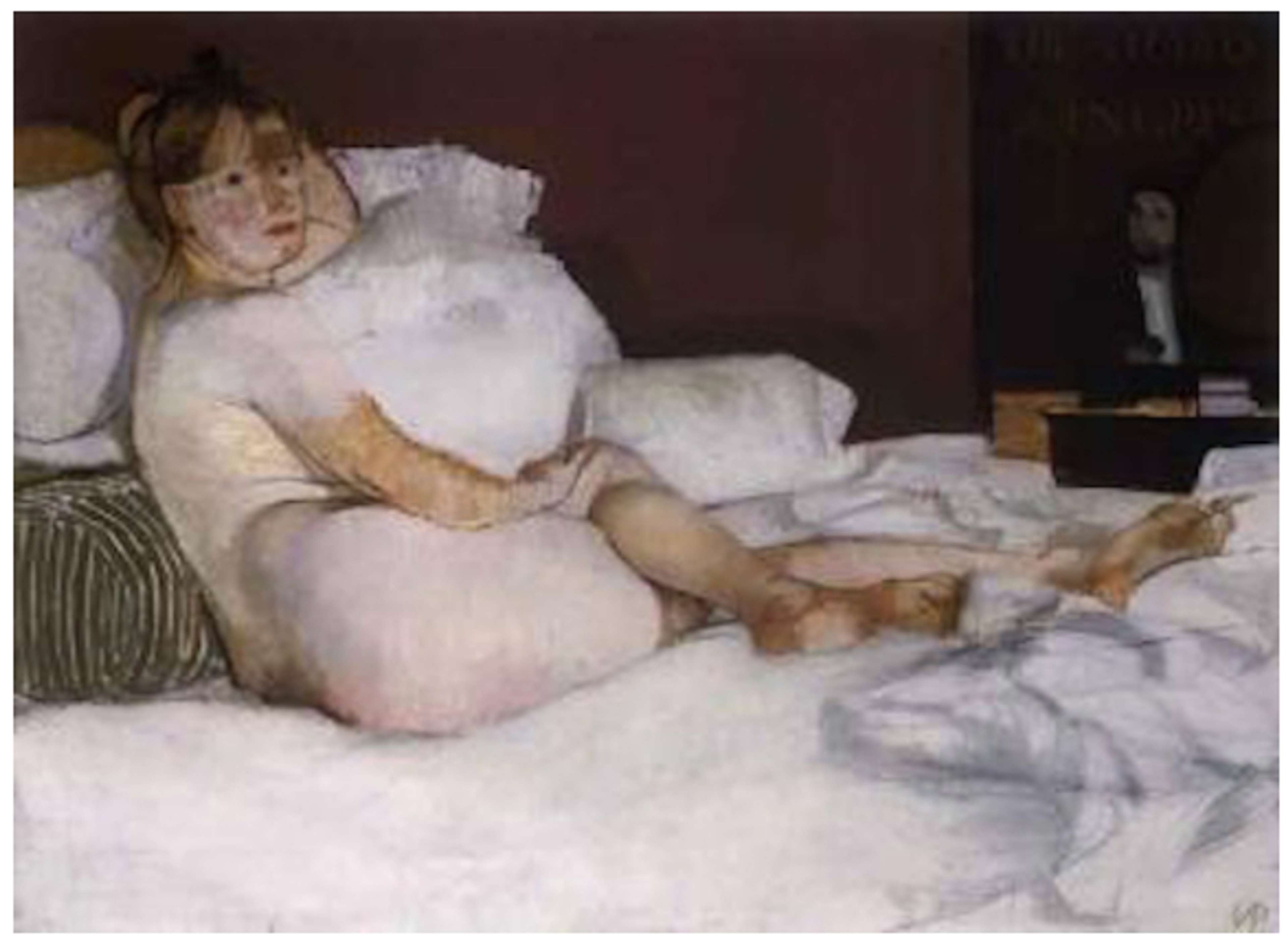  A painting depicting a reclining nude woman on a white bed, with her body seamlessly blending into the sheets, creating the illusion of her wearing clothes. She gazes back at the viewer with a seductive pose, reminiscent of an odalisque.