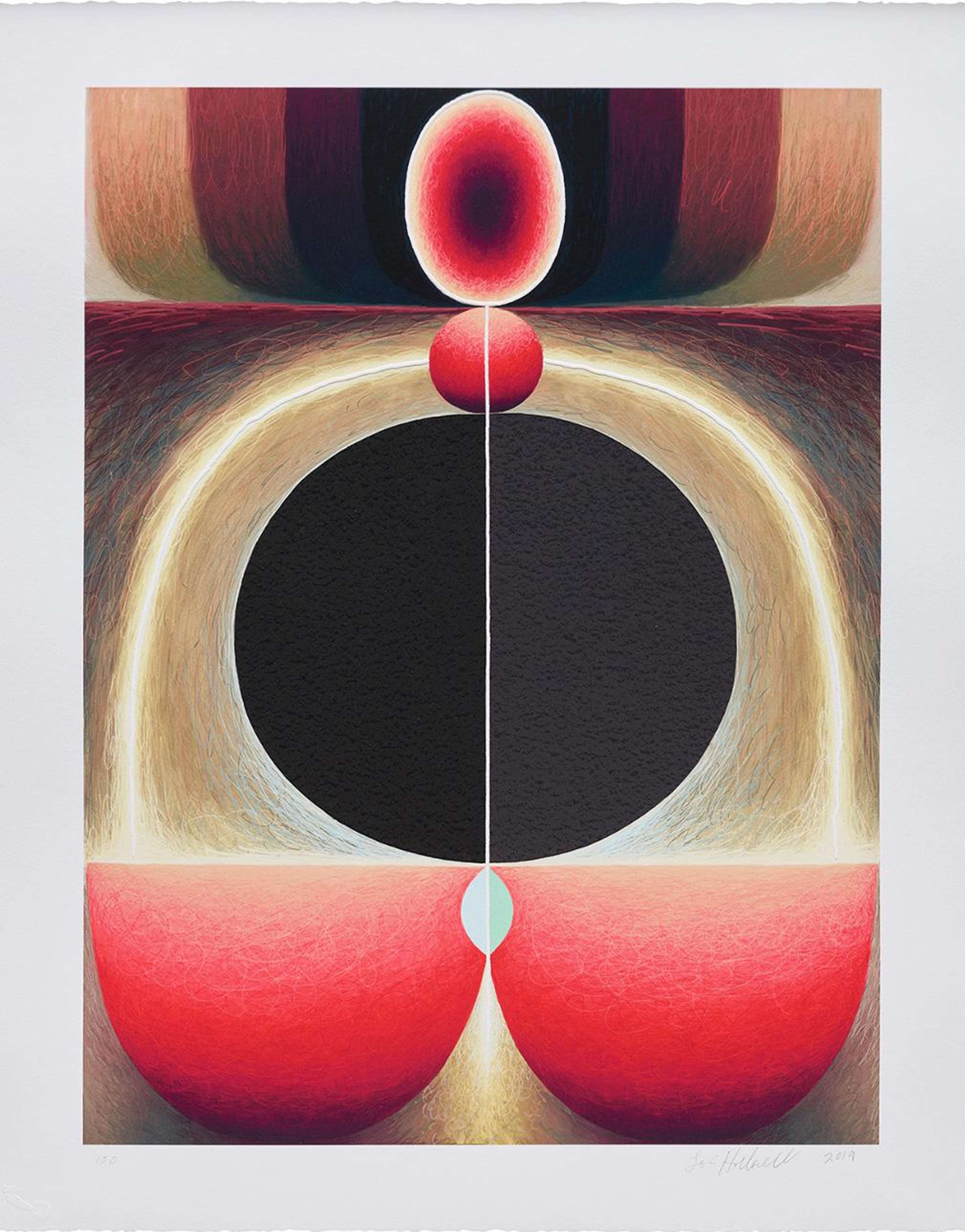 Une estampe signée de « Milk Fountain » (2019) par Loie Hollowell, présentant une « Abstract Composition » aux couleurs pastel douces et aux formes fluides. L'élément central rappelle une fontaine, avec des lignes et des courbes rayonnantes, représentant la forme féminine après l'accouchement.